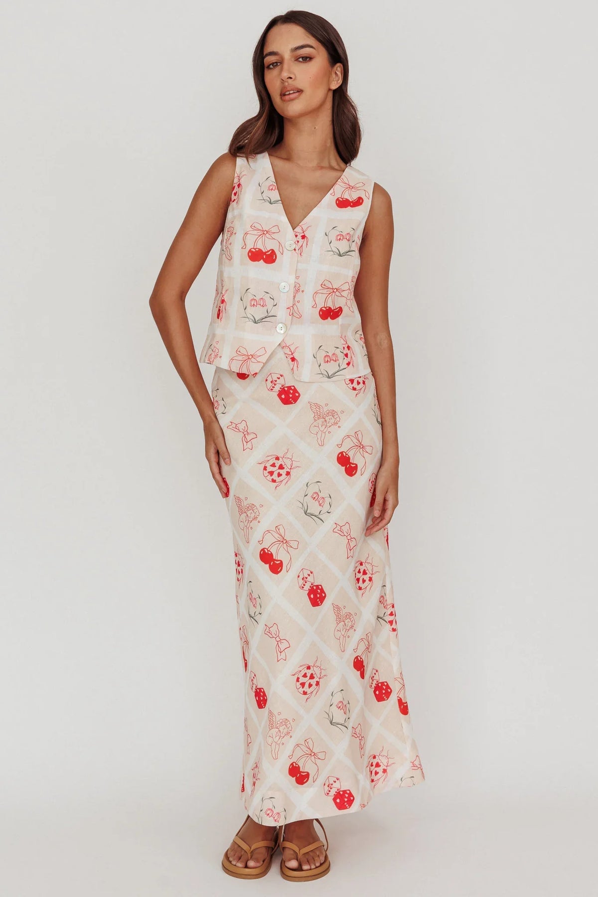 Flowering Romantic Print Sleeveless Vest Beige