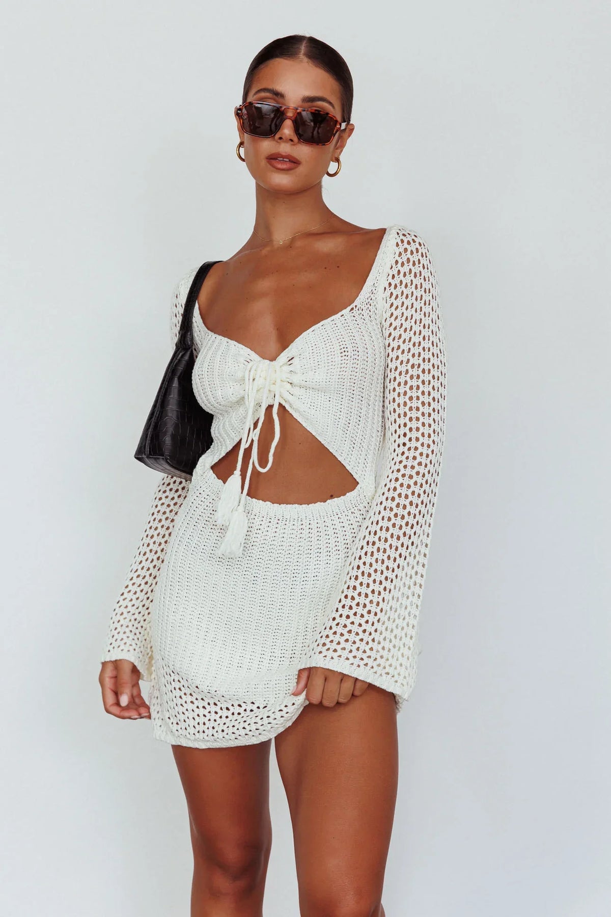 Jamaica Bell Sleeve Crochet Mini Dress White