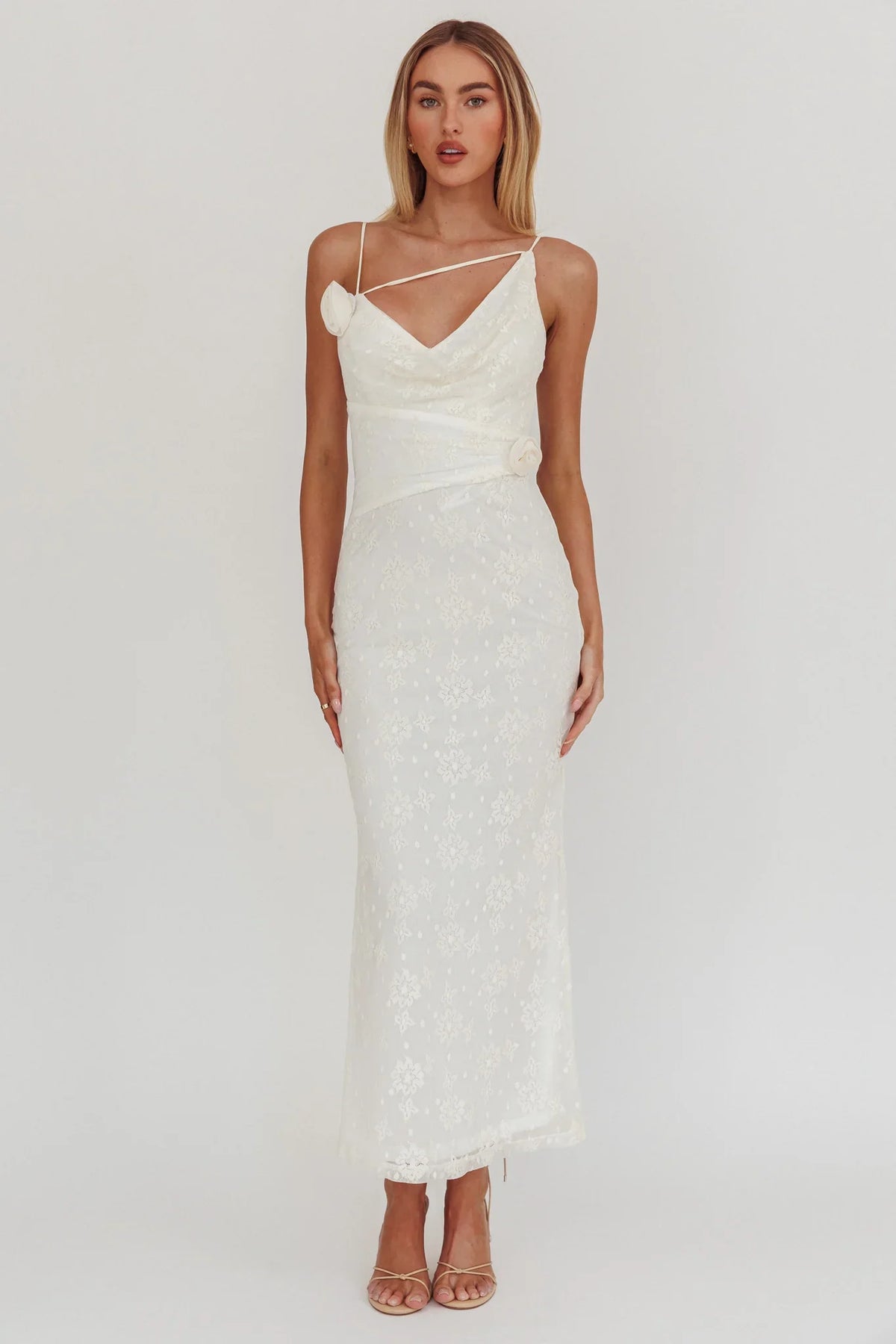 Golden Glow Rosette Cowl Neck Maxi Dress Beige