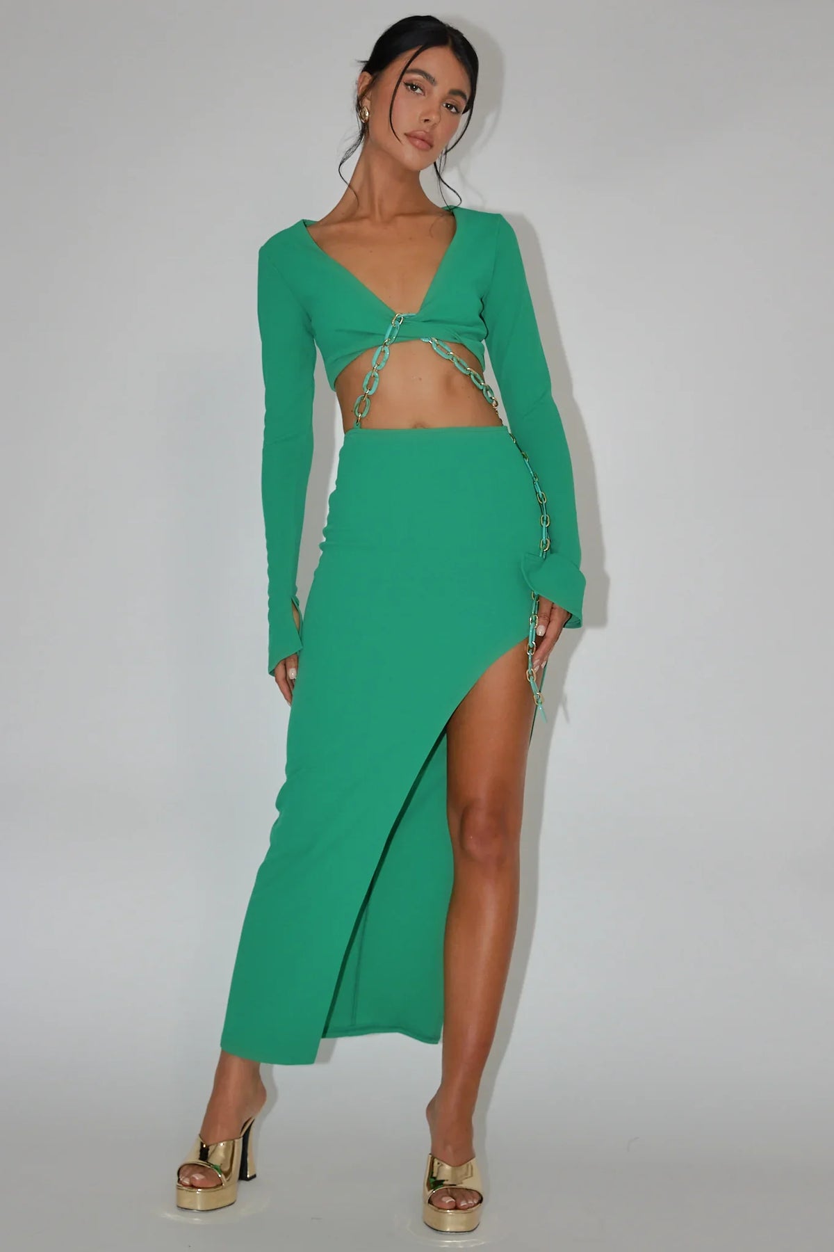 Sigournie Long Sleeve Chain Midi Dress Green