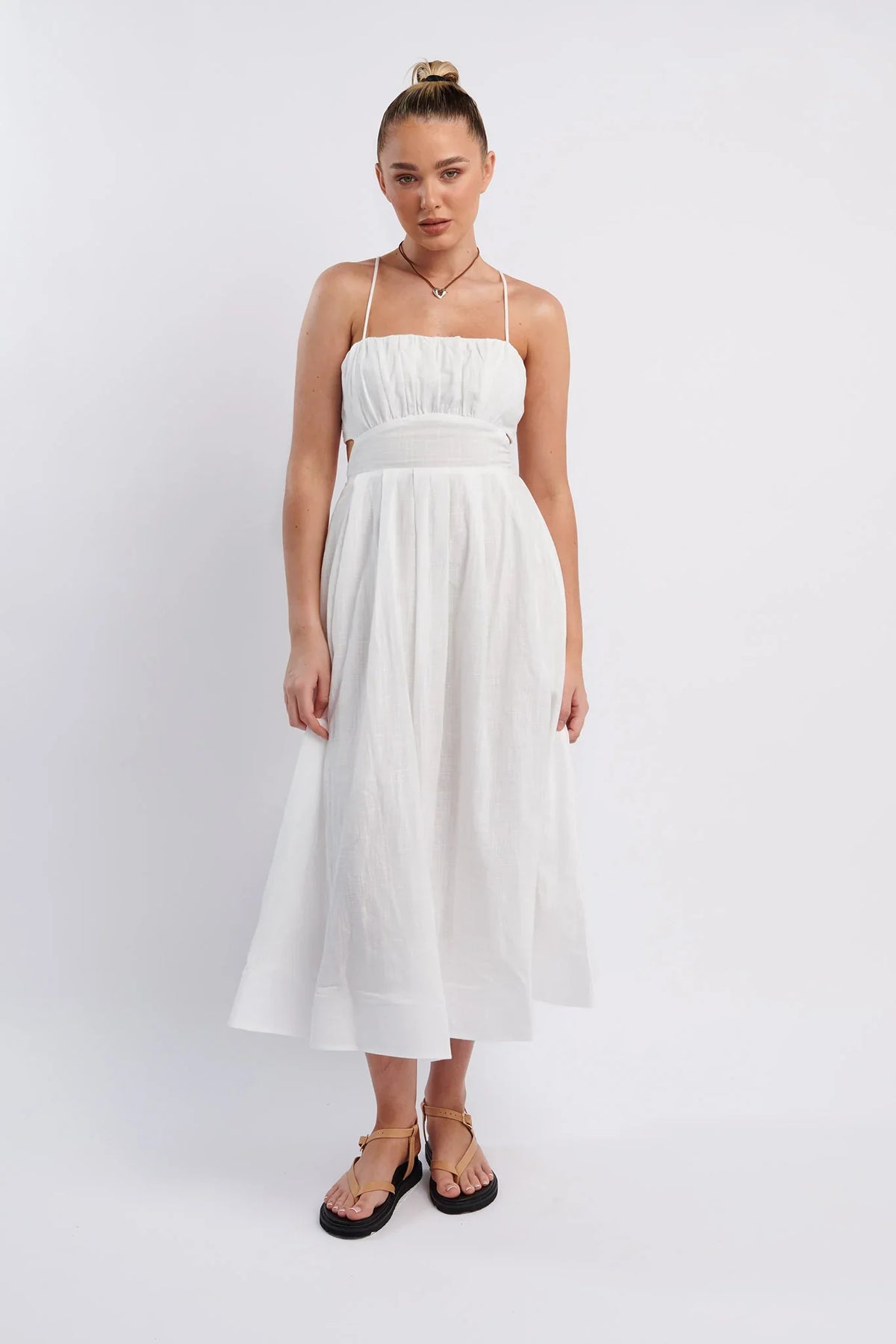 June Sun Tied Back Midi Dress White