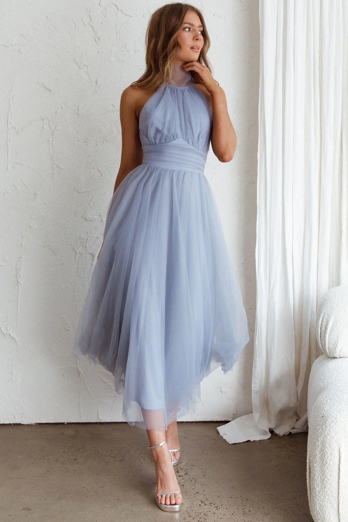 Andria Halterneck Tulle Midi Dress Blue
