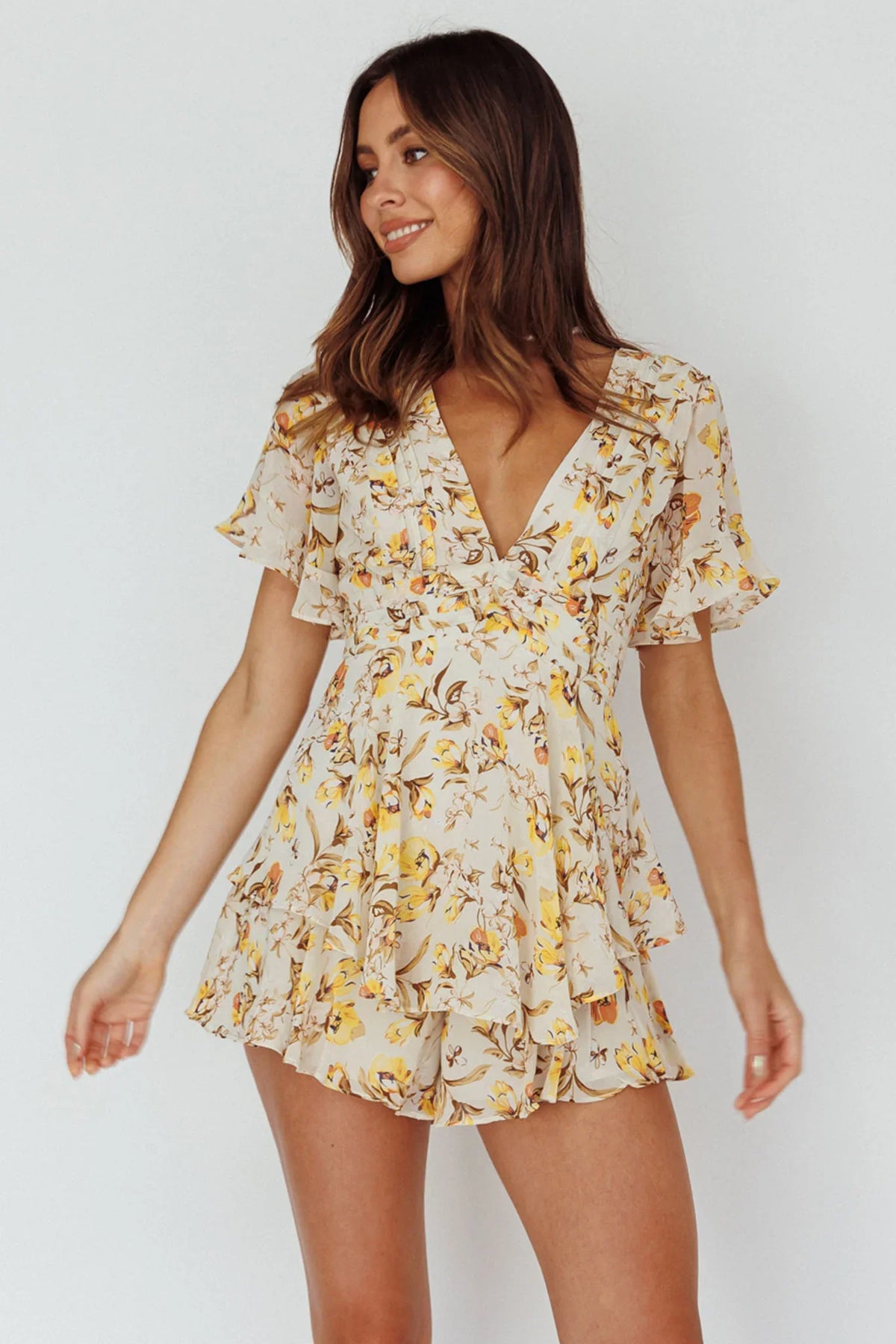Golden Light Pintuck Pleat Romper Floral Beige