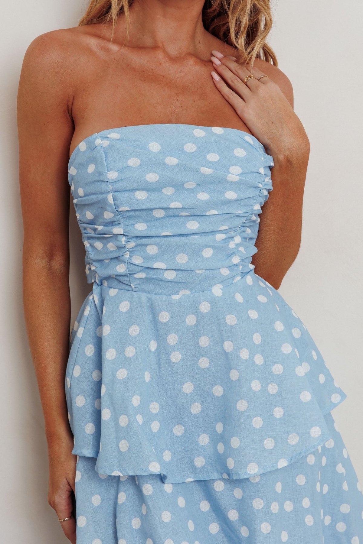 Lorcan Strapless Ruffle Dotted Midi Dress Blue