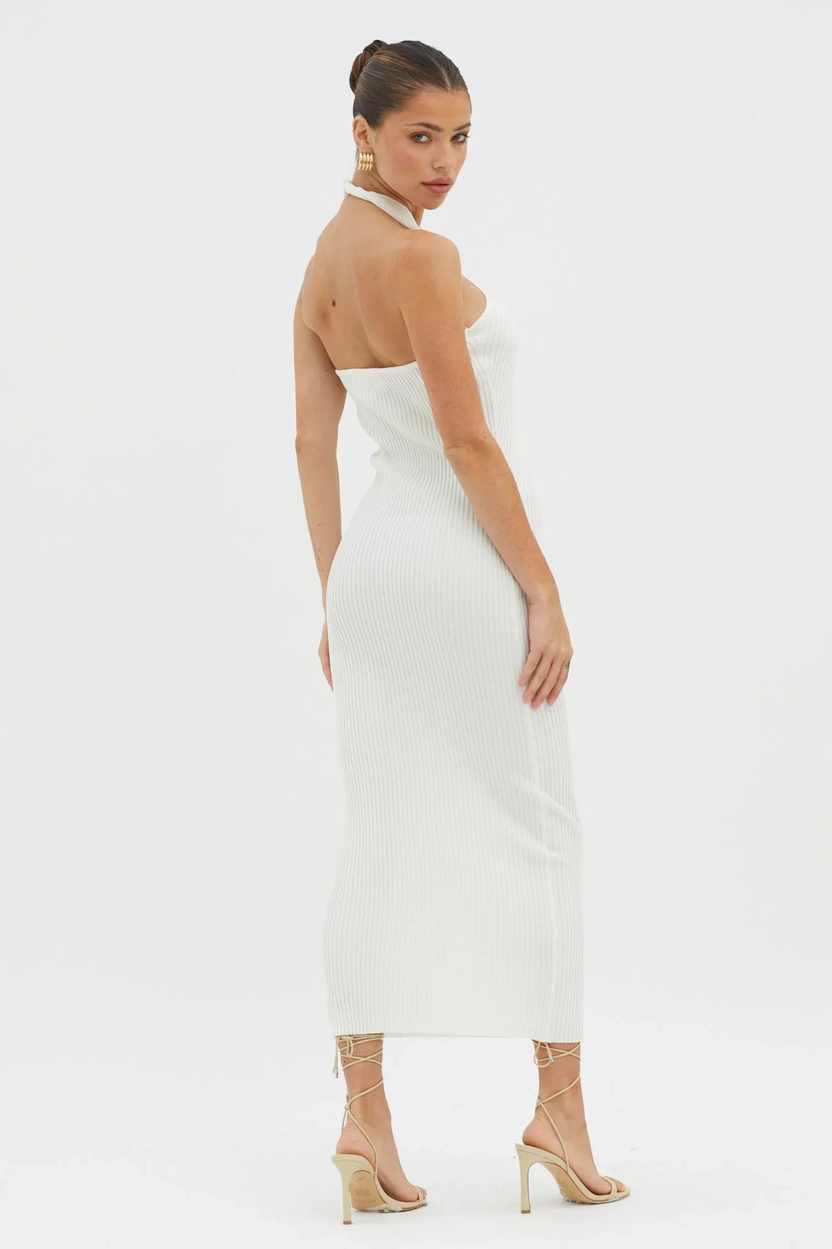 Lovelock Halterneck Ribbed Knit Midi Dress White