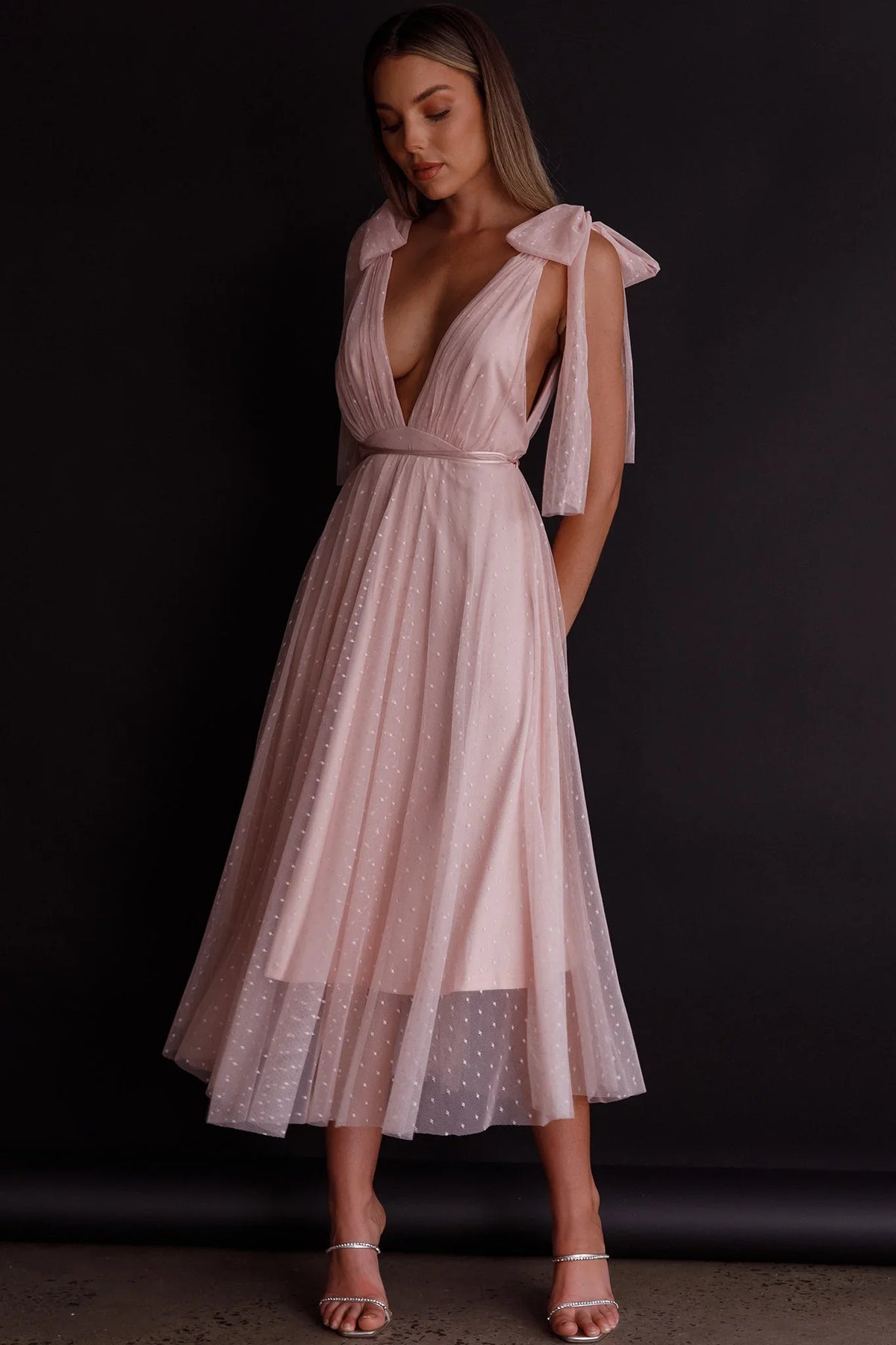 Kathryn Tied Shoulder Mesh Midi Dress Blush