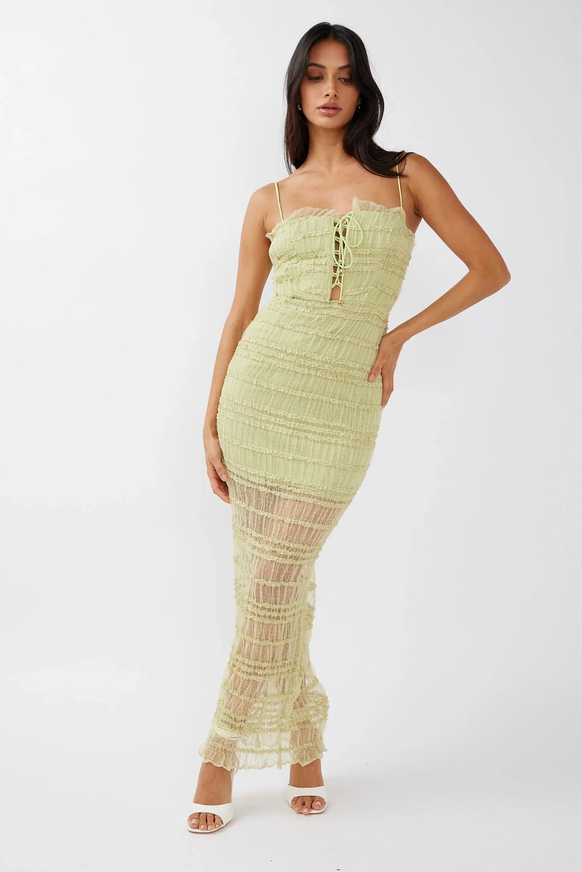 Wander & Roam Frill Trim Lace Dress Matcha