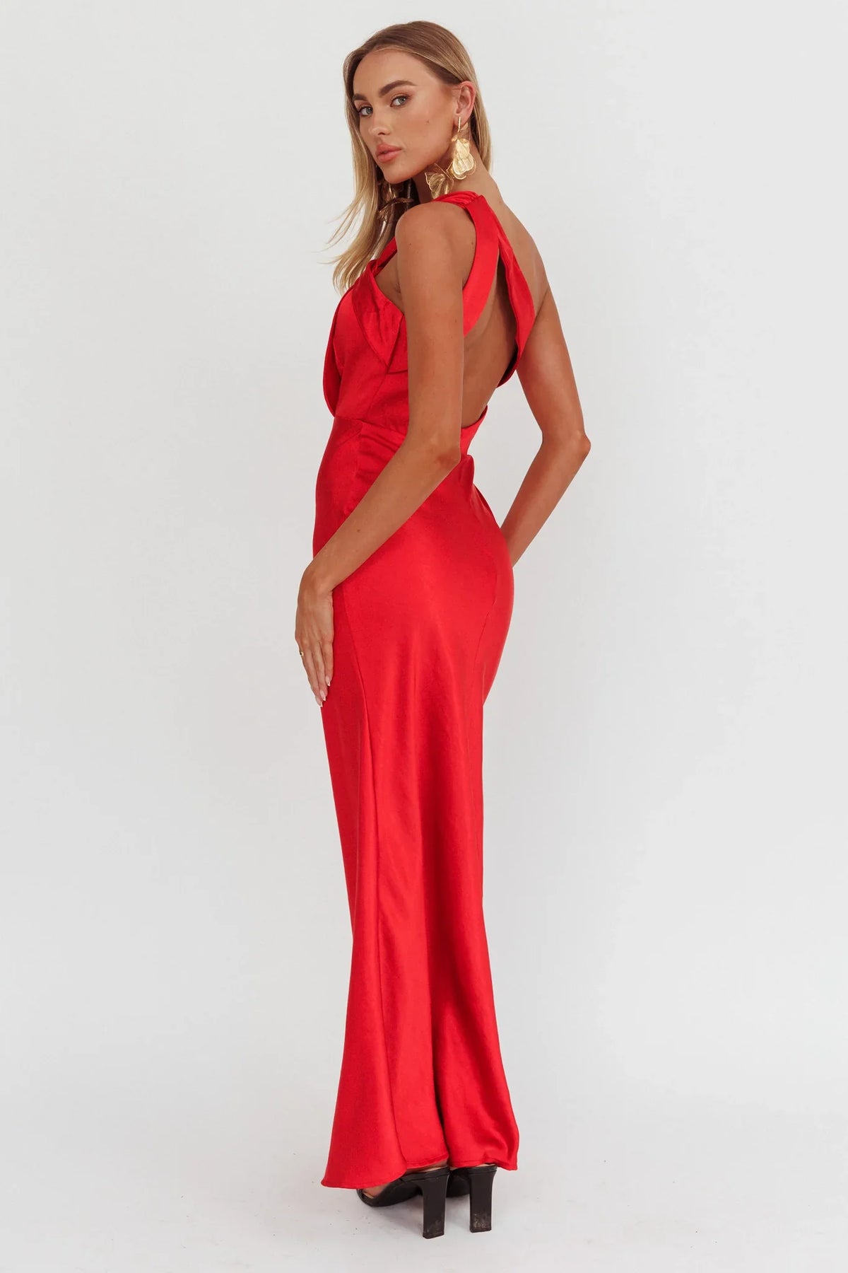 Fly Love Satin One Shoulder Maxi Dress Red