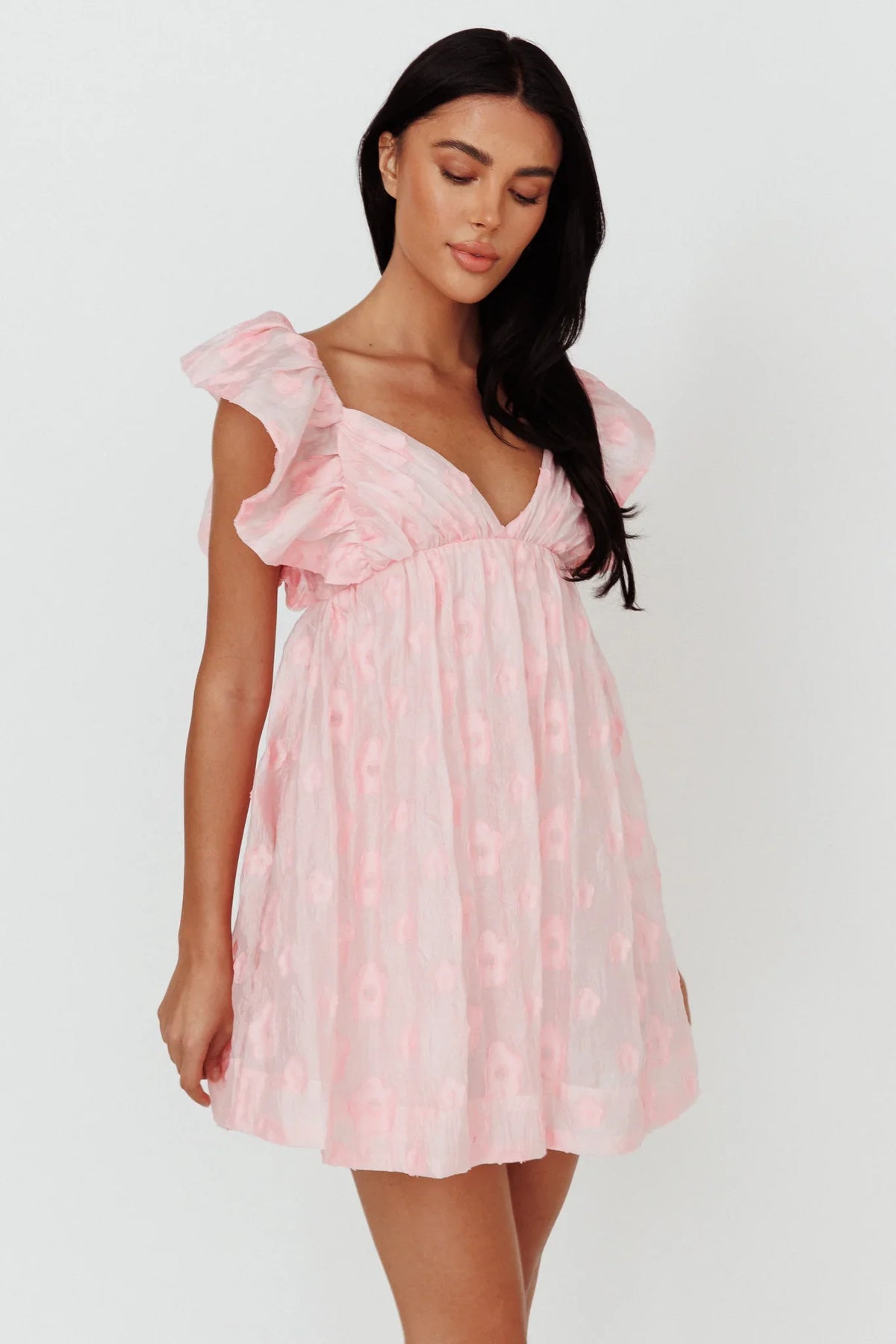 Melrose Place Floral Textured Frill Dress Pink