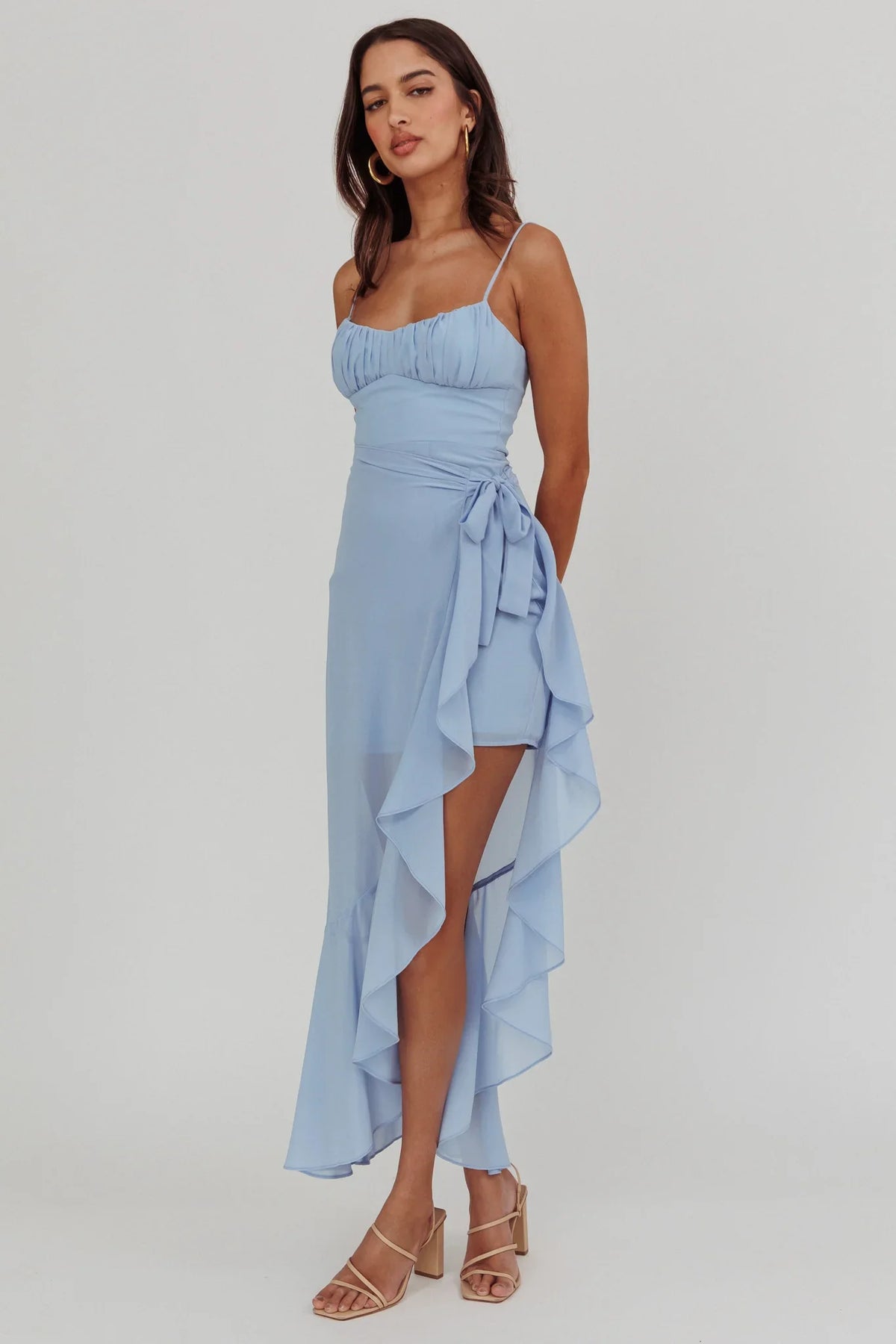 Nerida Waist Tie Asymmetric Dress Steel Blue