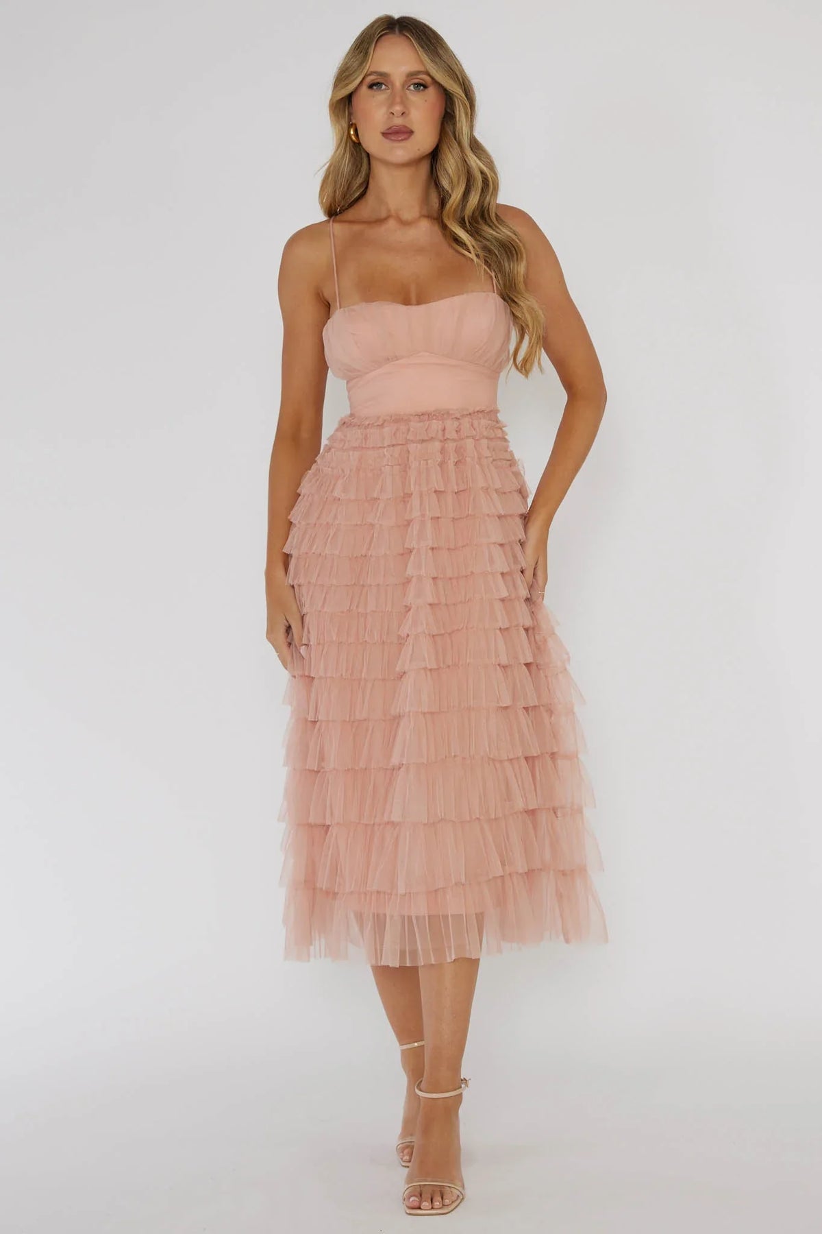 Garden Party Tiered Frill Midi Dress Blush
