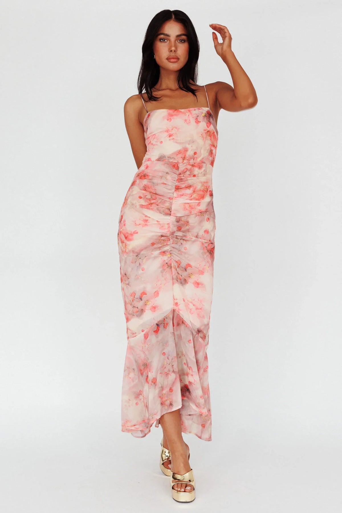Sayna Ruched Front Midi Dress Floral Pink