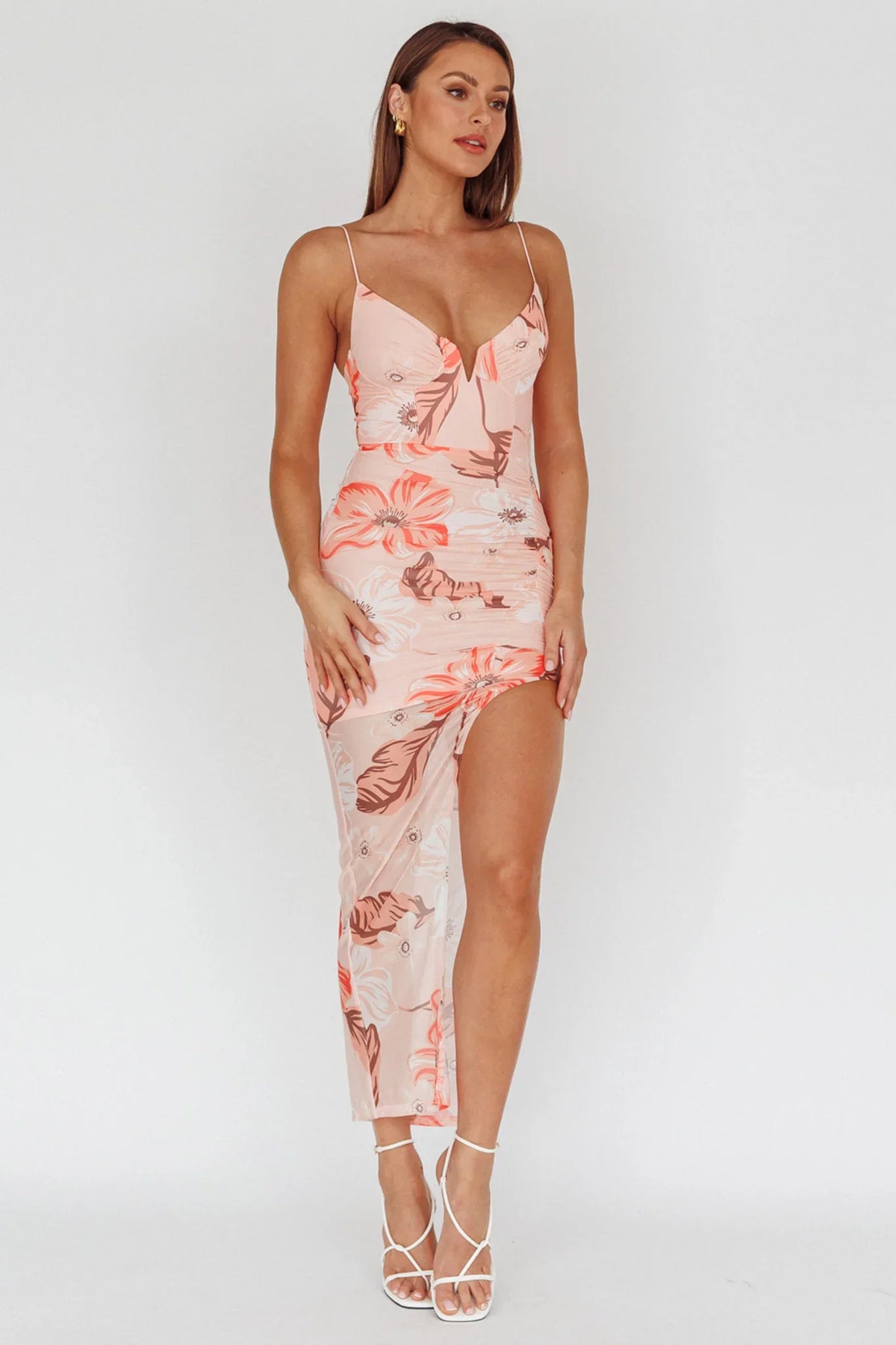 Lake Como Fitted Bodice Side Split Dress Floral Pink