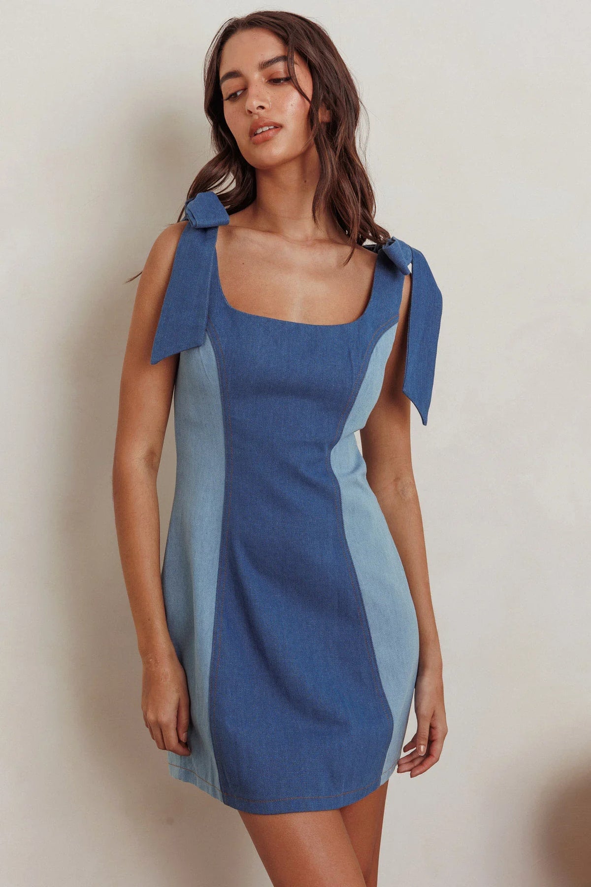 Kiss City Tied Shoulders Contrast Mini Dress Denim