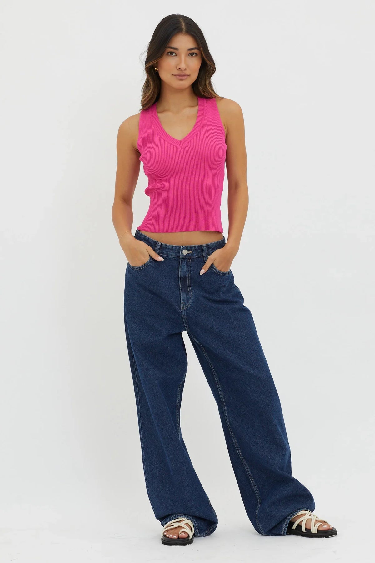 D'Lila V-Neck Ribbed Knit Top Hot Pink