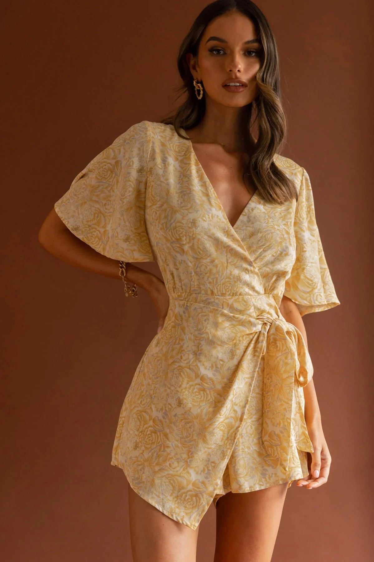 Nadi V-Neckline Wrap Romper Rose Flower Print Yellow