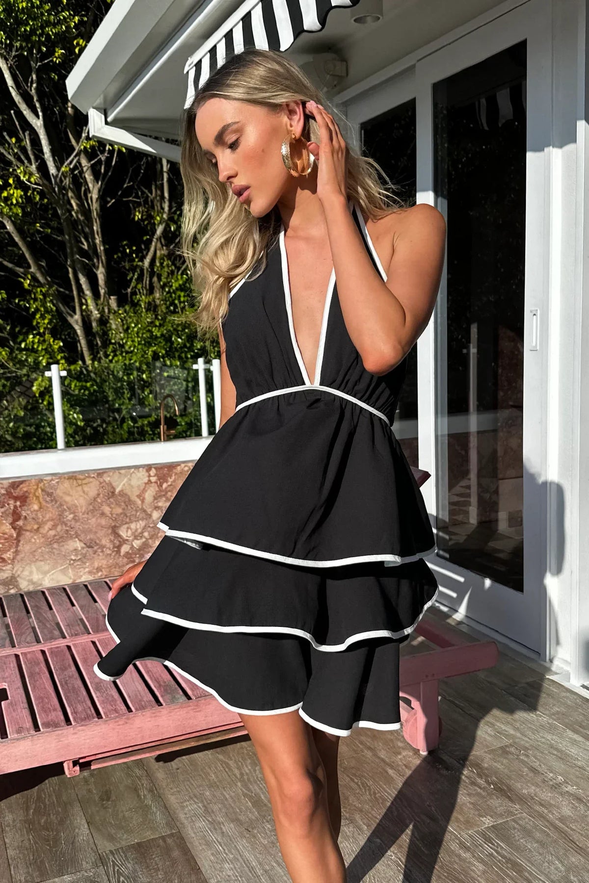 Catalina Tiered Ruffle Mini Dress Black/White