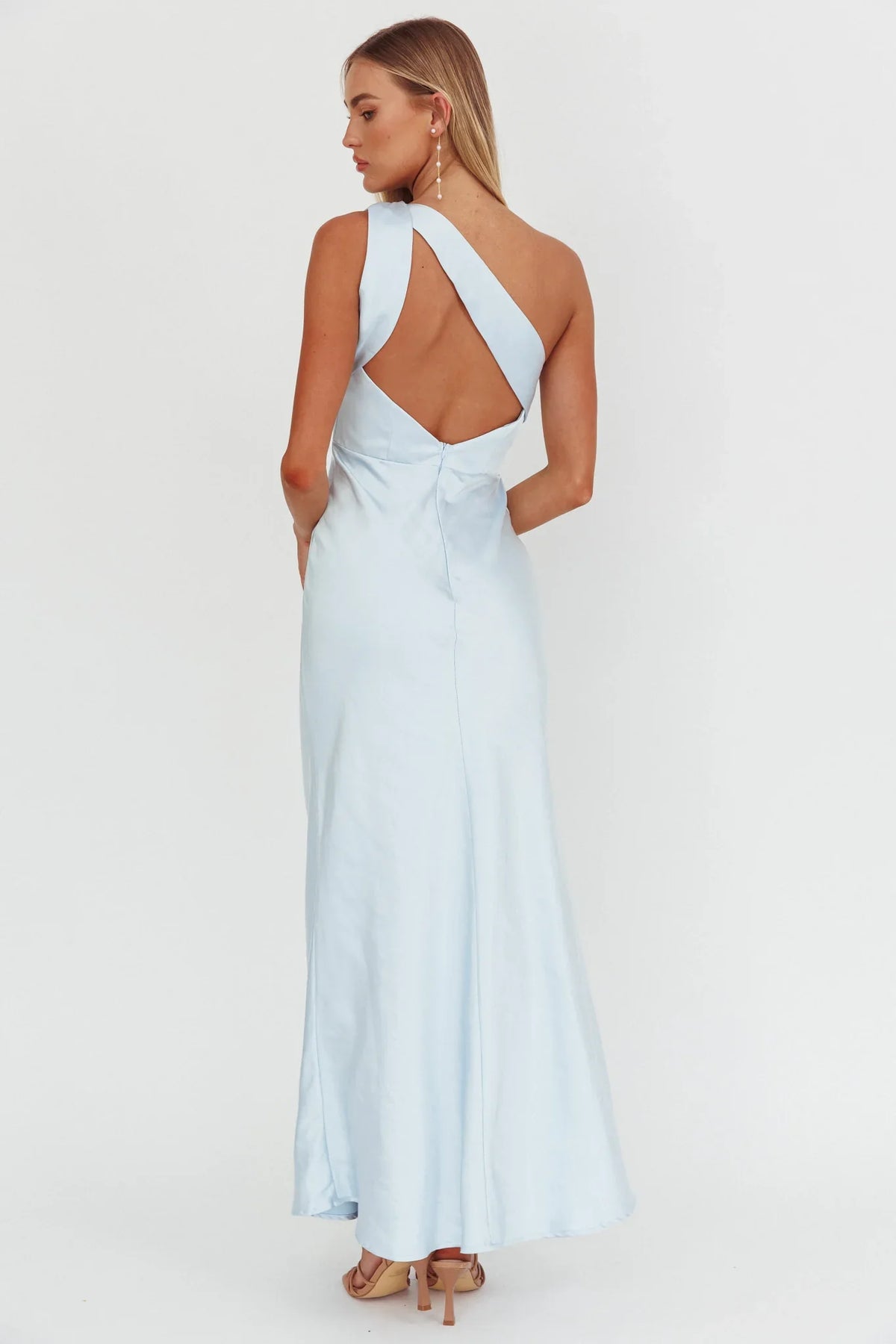 Fly Love Satin One Shoulder Maxi Dress Sky Blue