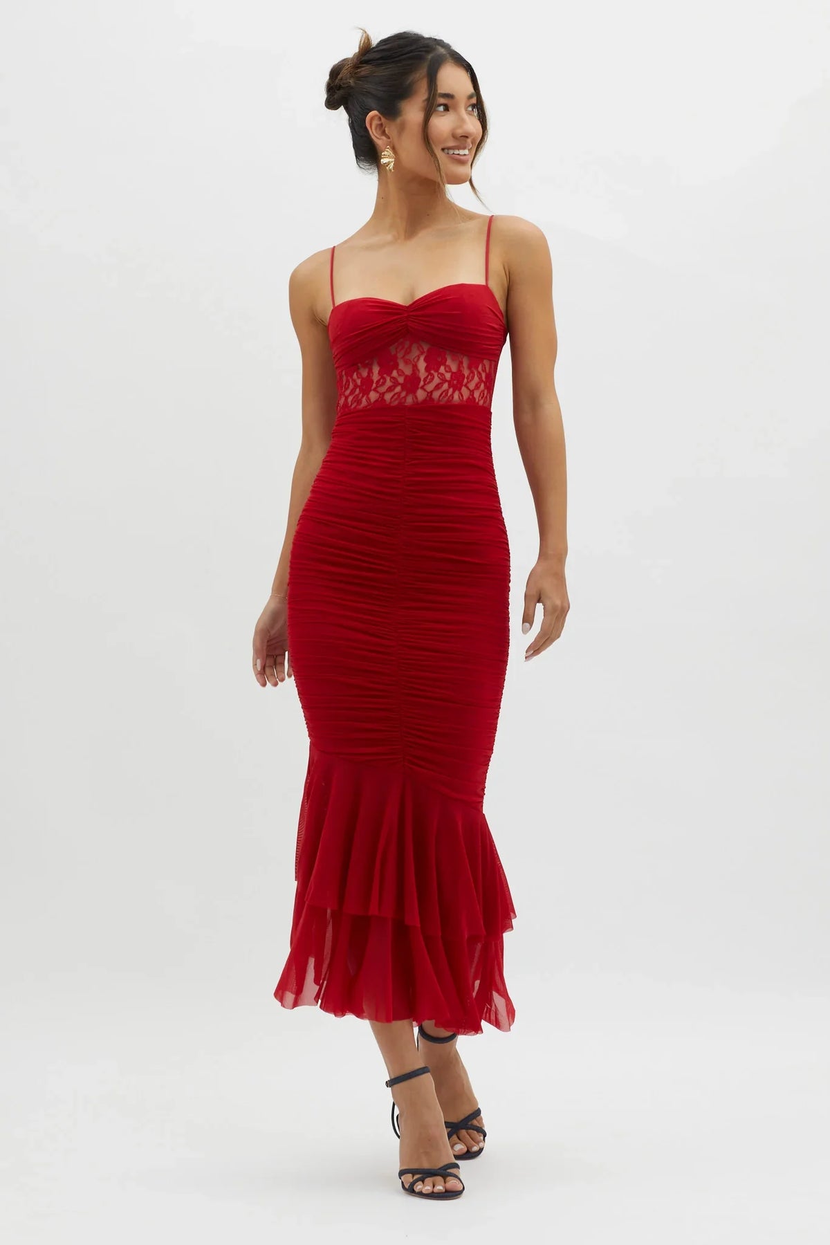 Cherubim Lace Insert Ruched Midi Dress Red
