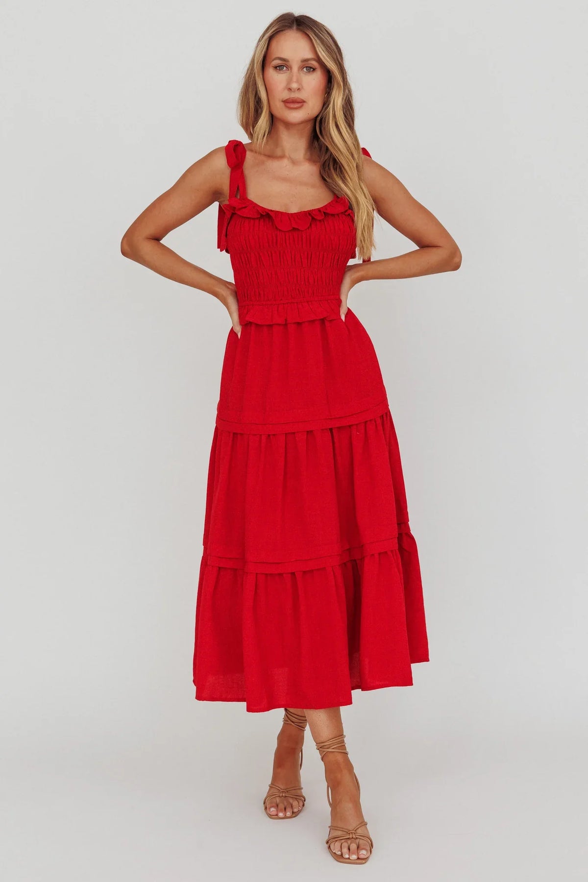 Paprika Tied Shoulder Shirred Midi Dress Red