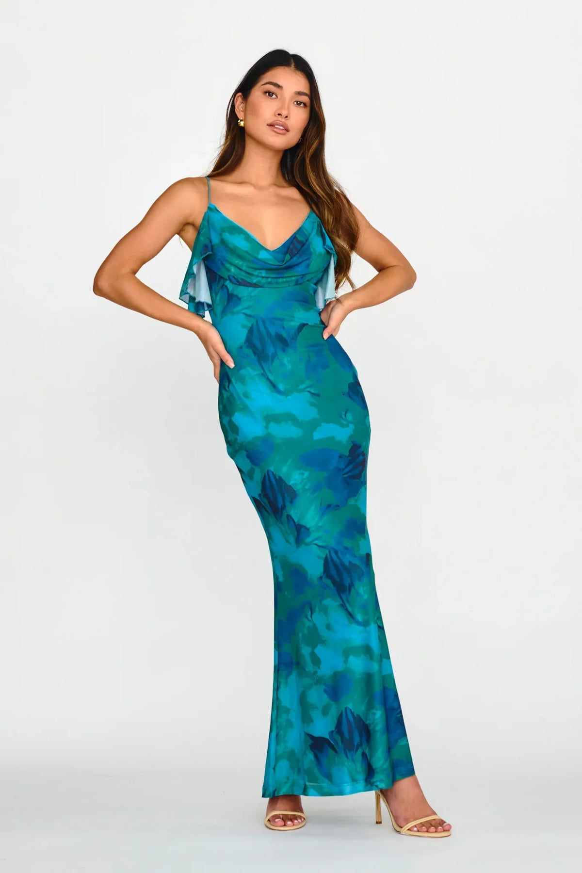 Jannie Draped Neckline Cami Dress Abstract Green