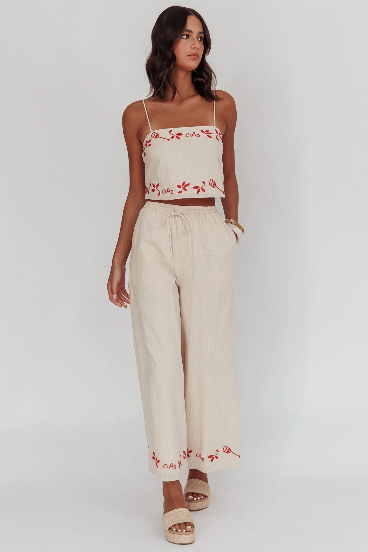 Sorrento Summer Embroidered Wide-Leg Pants Oat