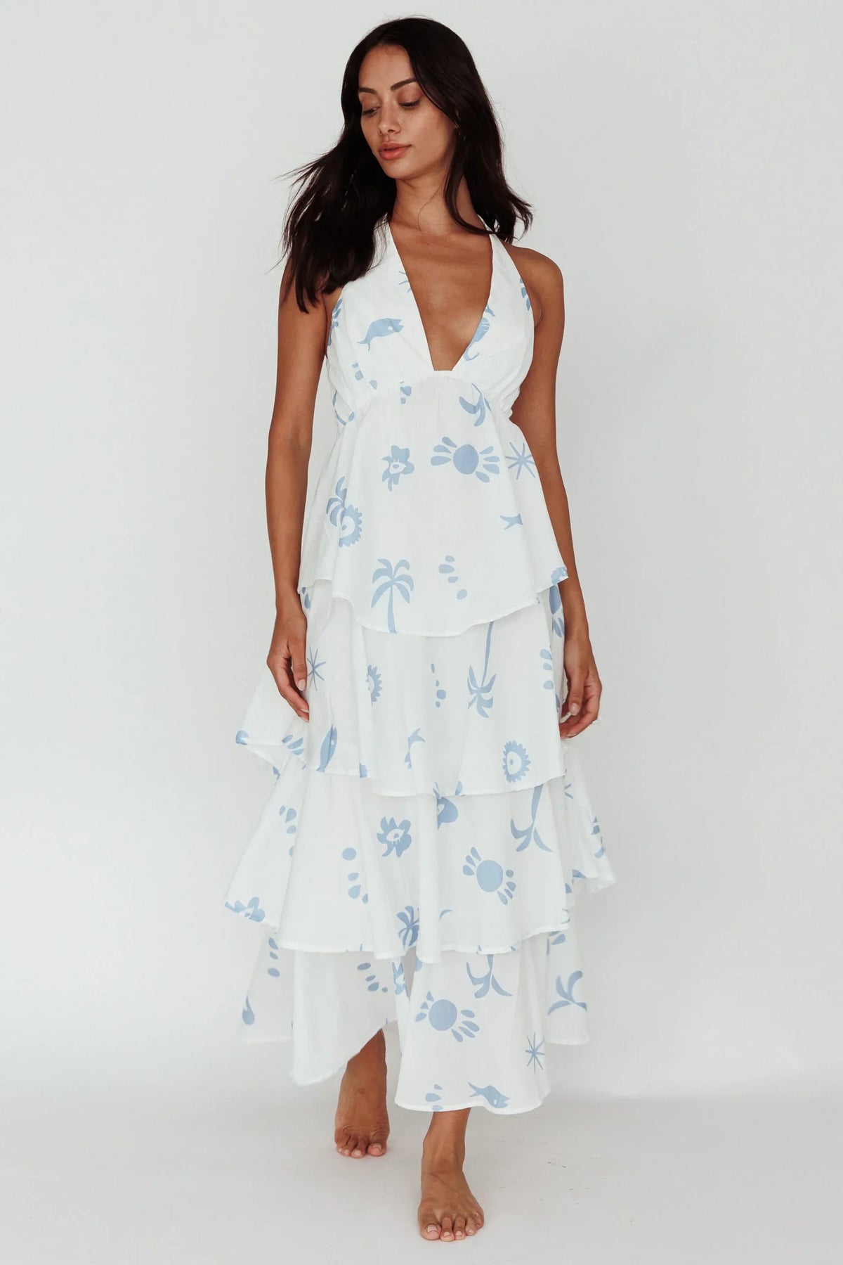 Catalina Tiered Ruffle Maxi Dress White Blue