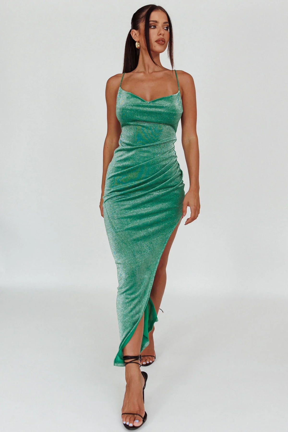 Moonstone Side Split Strappy Back Midi Dress Green