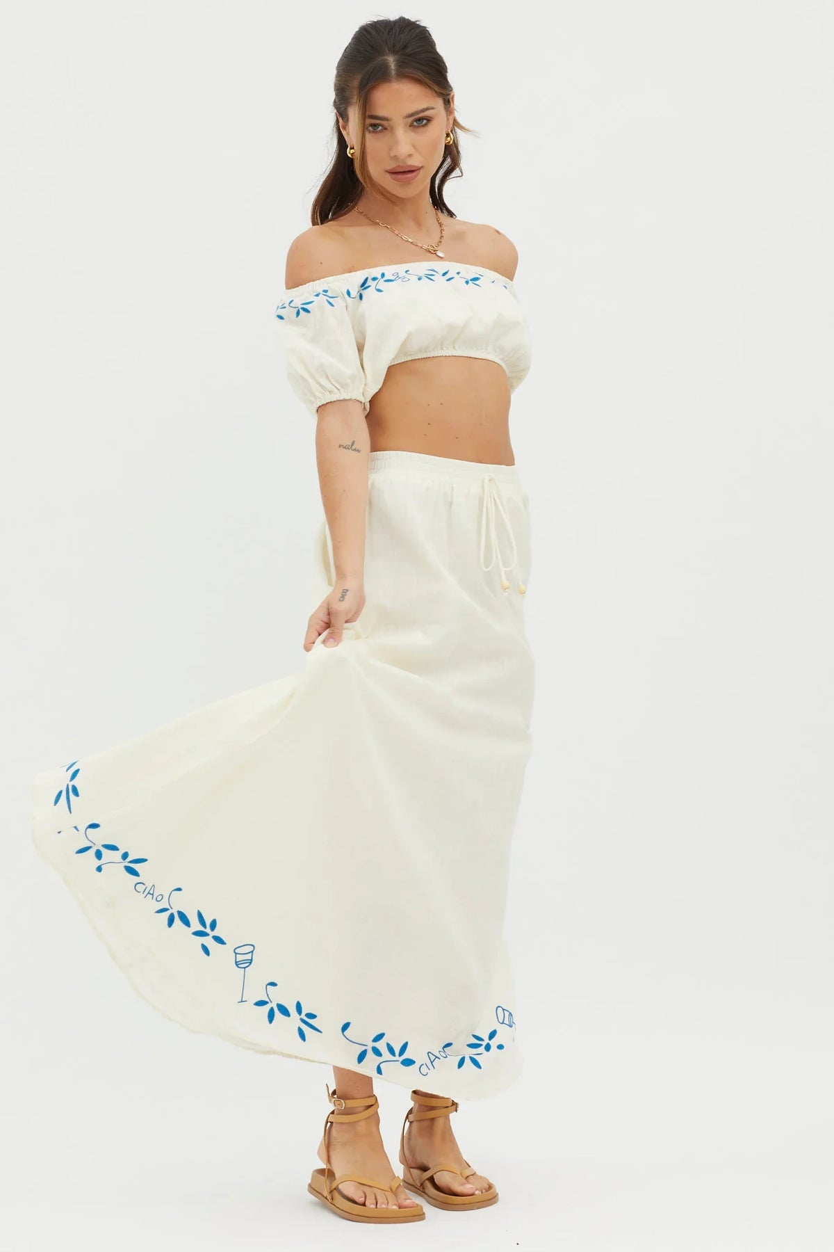 Ritual Embroidered Hem Midi Skirt Beige