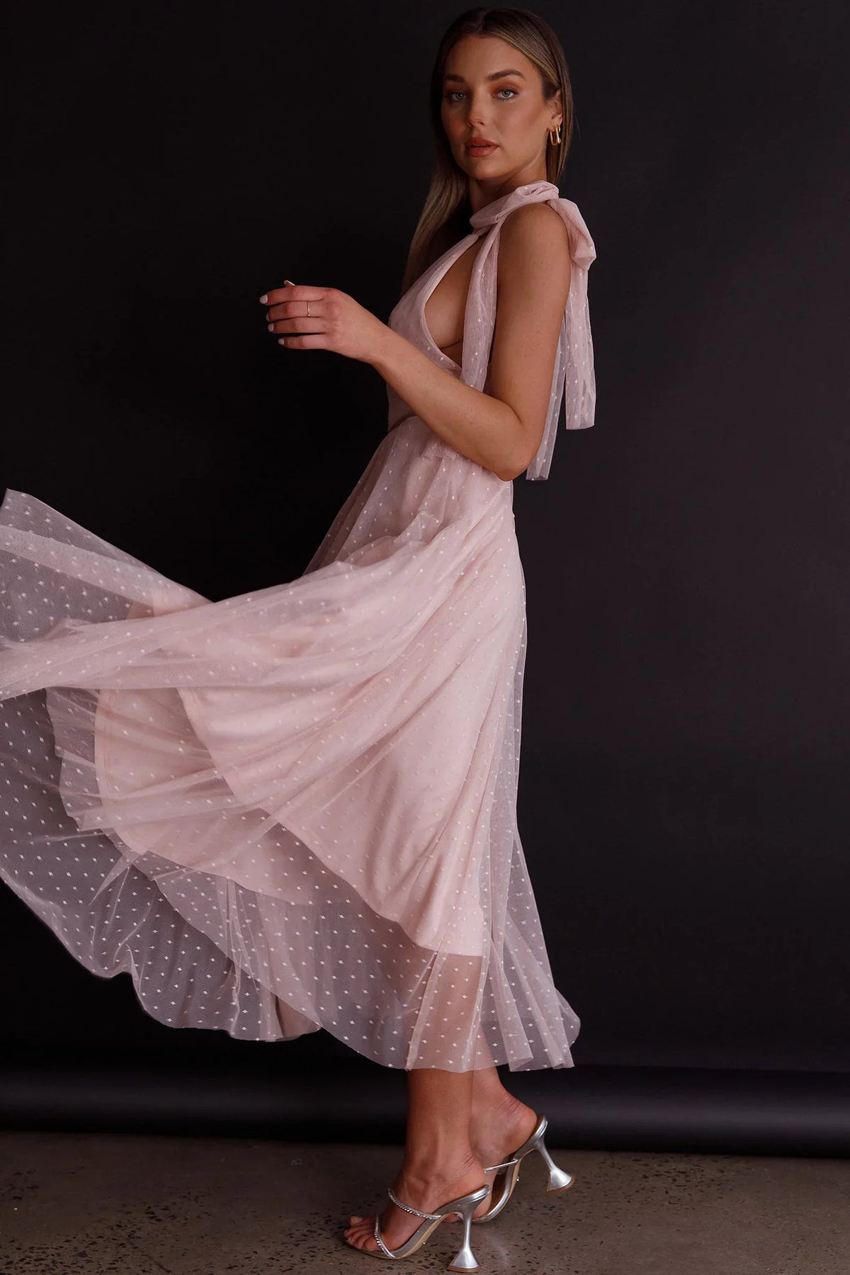 Kathryn Tied Shoulder Mesh Midi Dress Blush