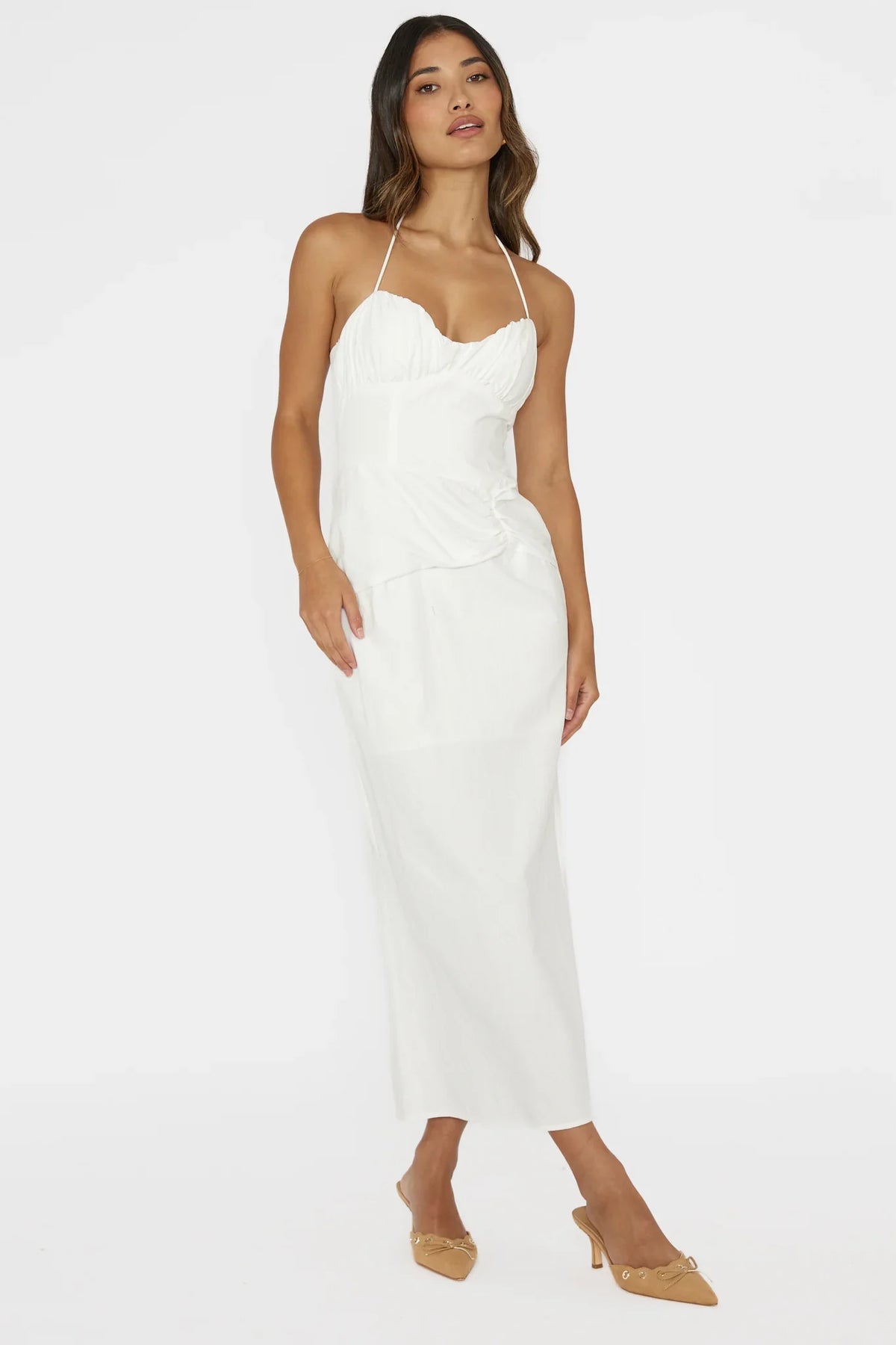 Arielle Gathered Bust Halterneck Midi Dress White