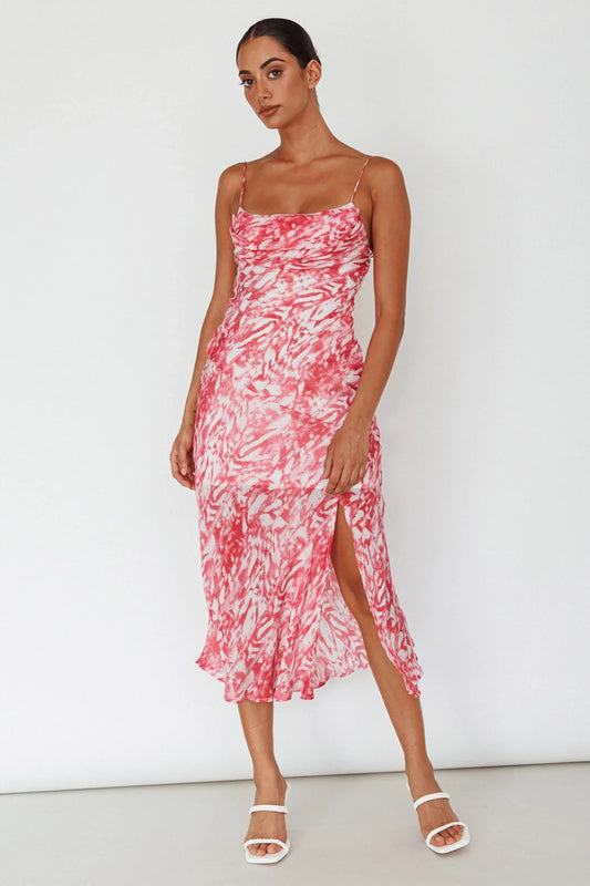 Well Versed Pleated Bust Front Split Dress Swirl Fuchsia