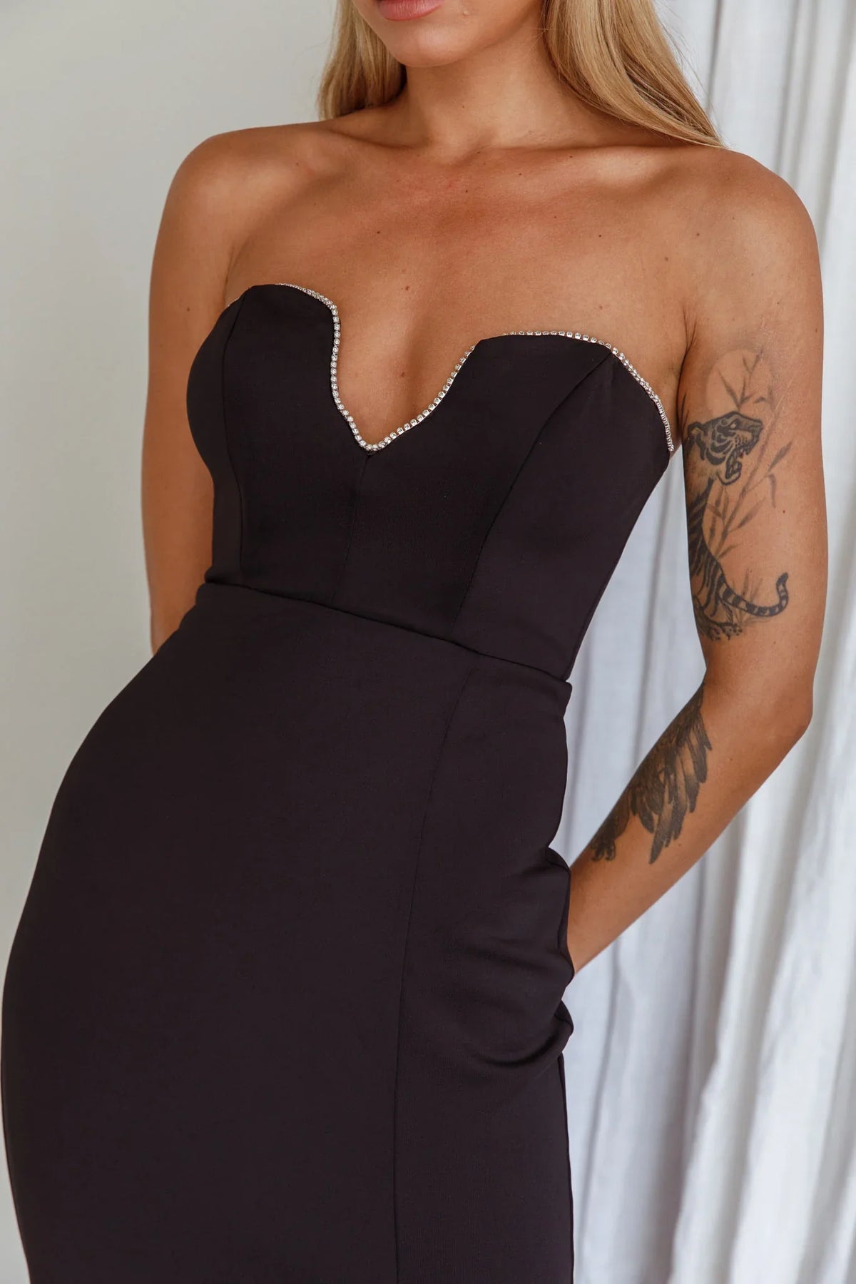 Mystic Diamante Neckline Midi Dress Black