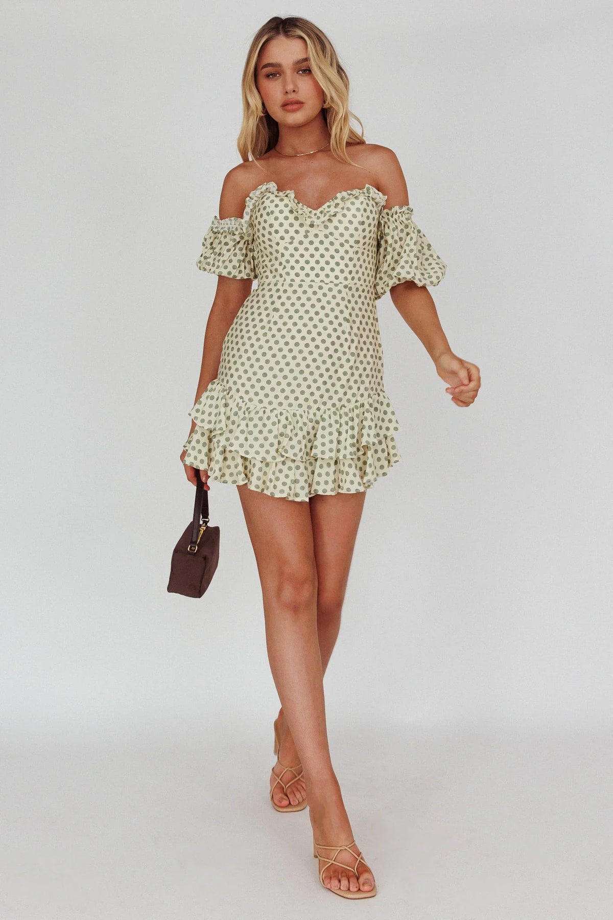 Homecoming Queen Sweetheart Neckline Puff Sleeve Dress Polka Dot Green