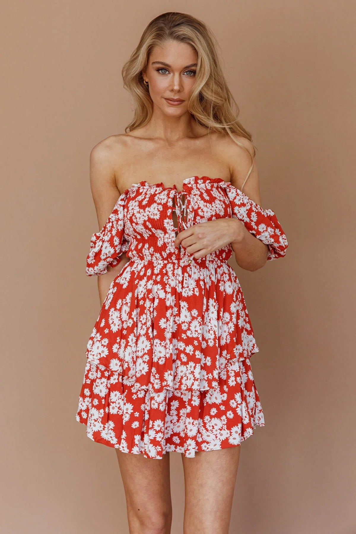 Buongiorno Bella Shirred Lace Up Mini Dress Floral Red
