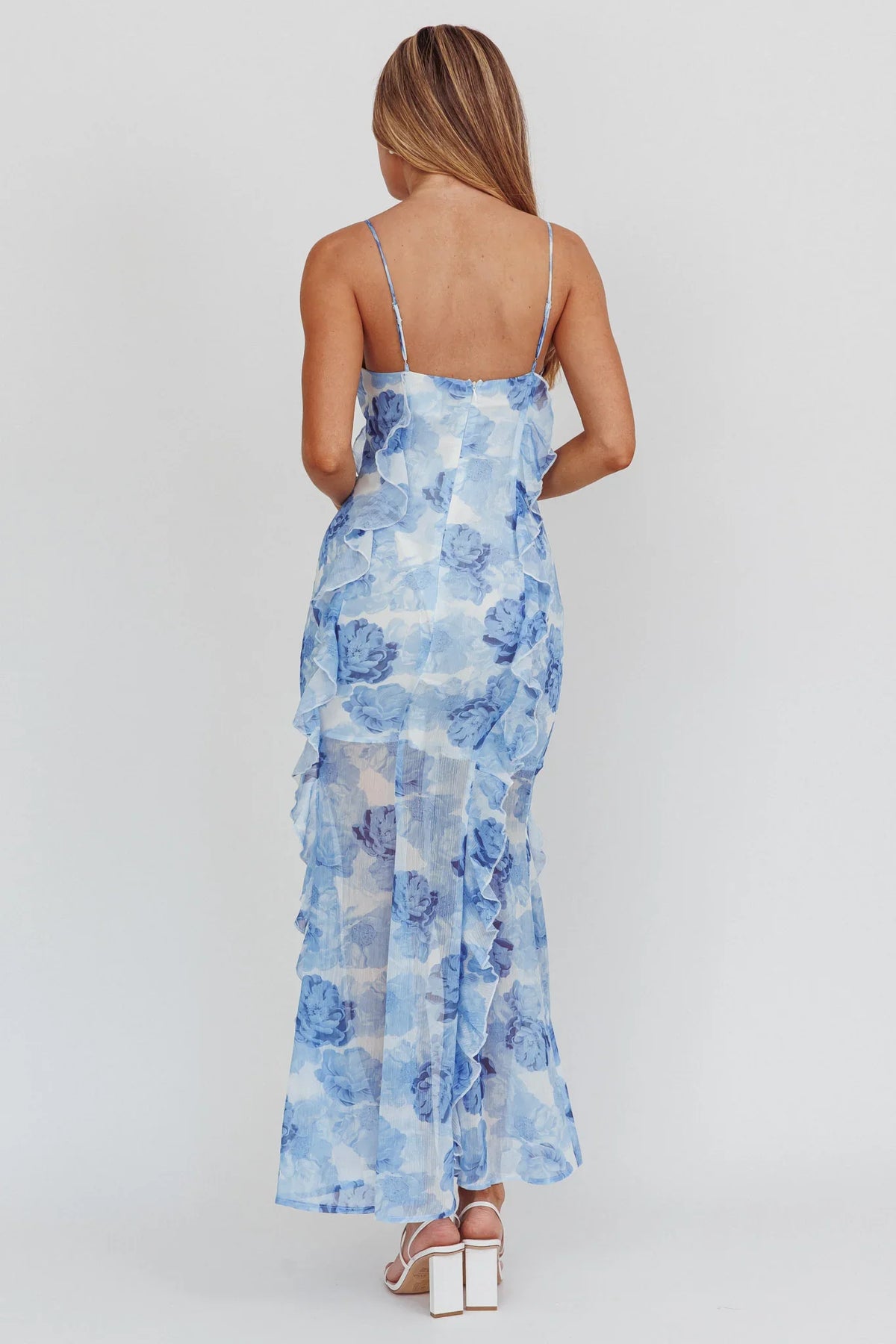Frannie Vertical Ruffle Maxi Dress Floral Blue