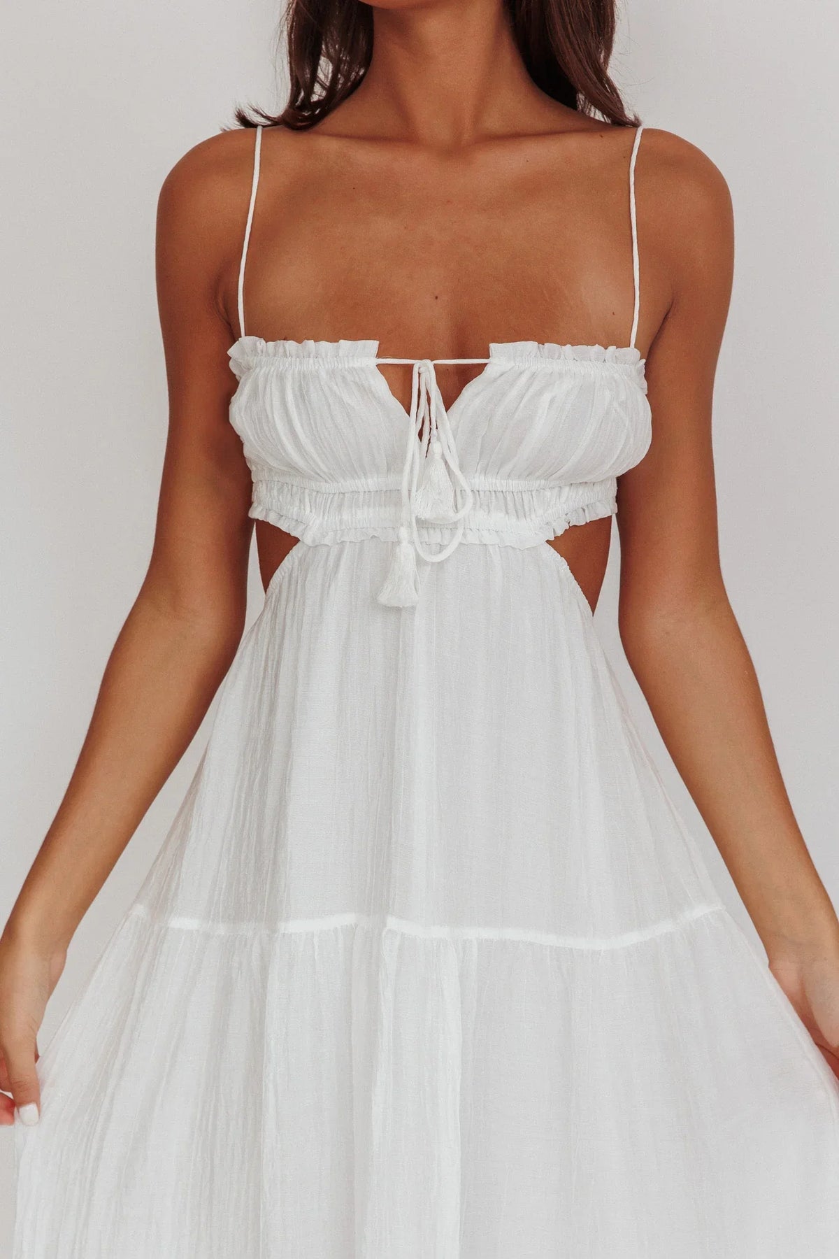 Eyona Cut-Out Waist Tie Maxi Dress White