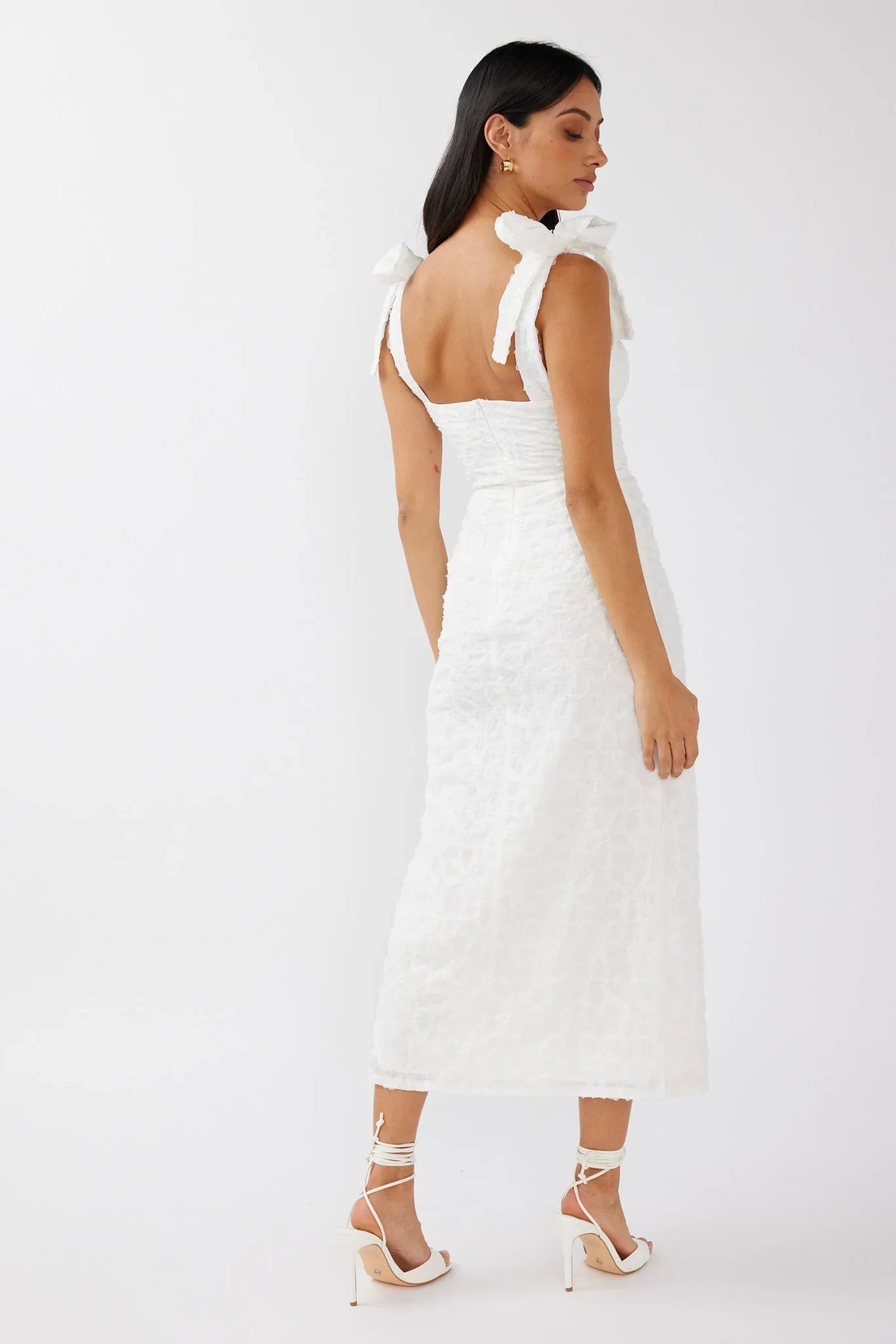 Cupid Tied Shoulder Embellished Midi Dress White