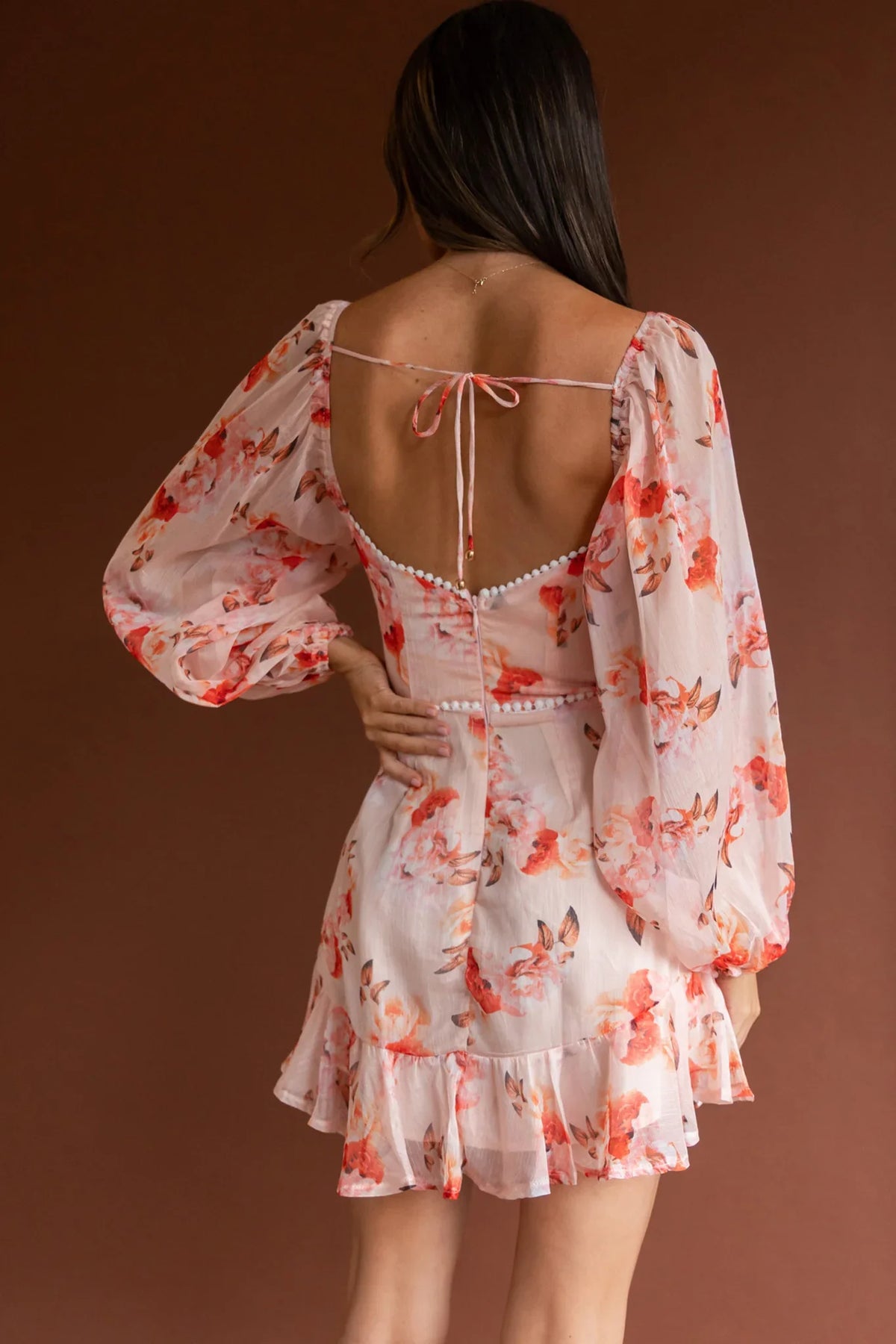 Catch Feelings Sweetheart Neckline Dot Trim Dress Rose Print Orange