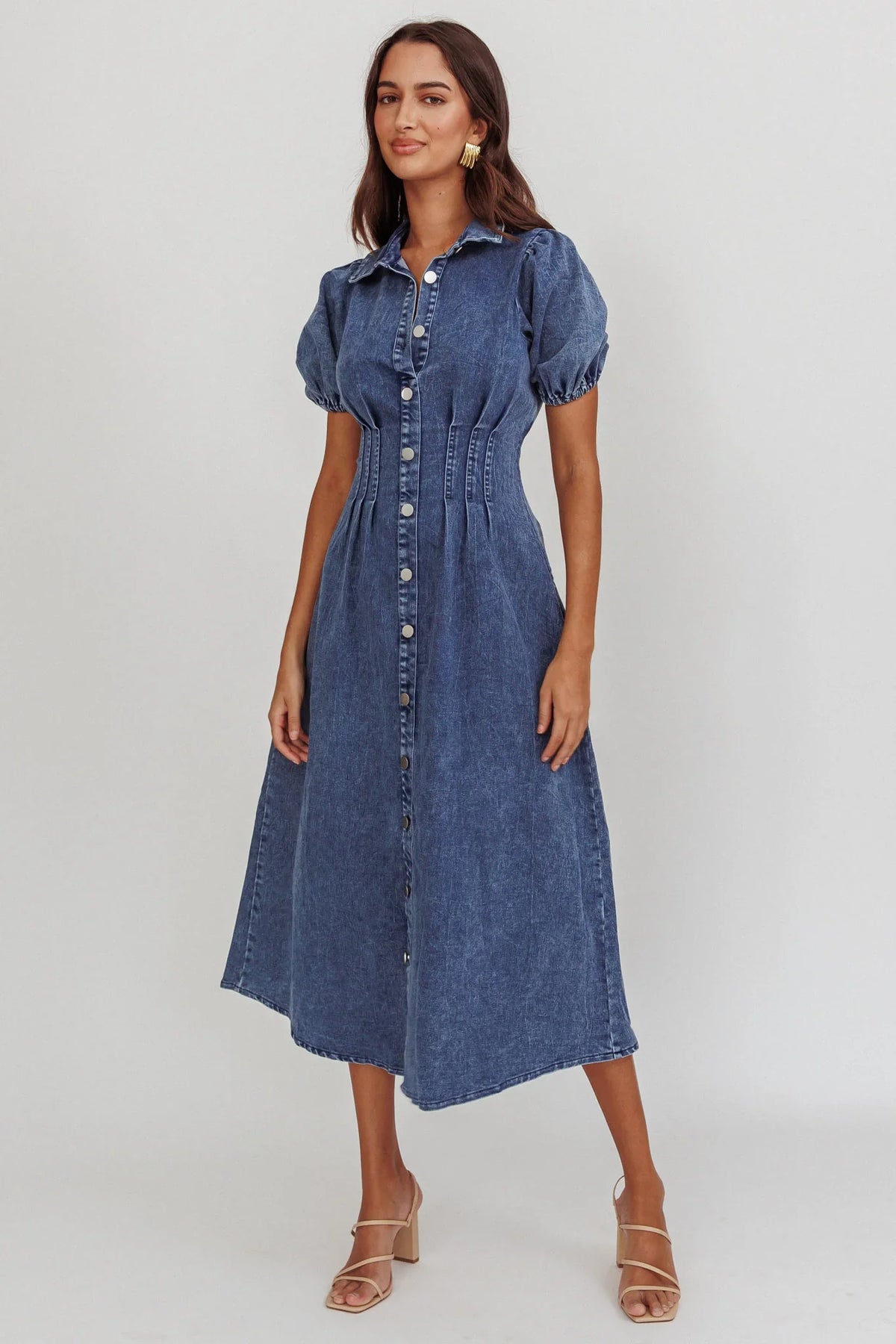 Zurich Pleated Waist Midi Dress Denim Dark Blue