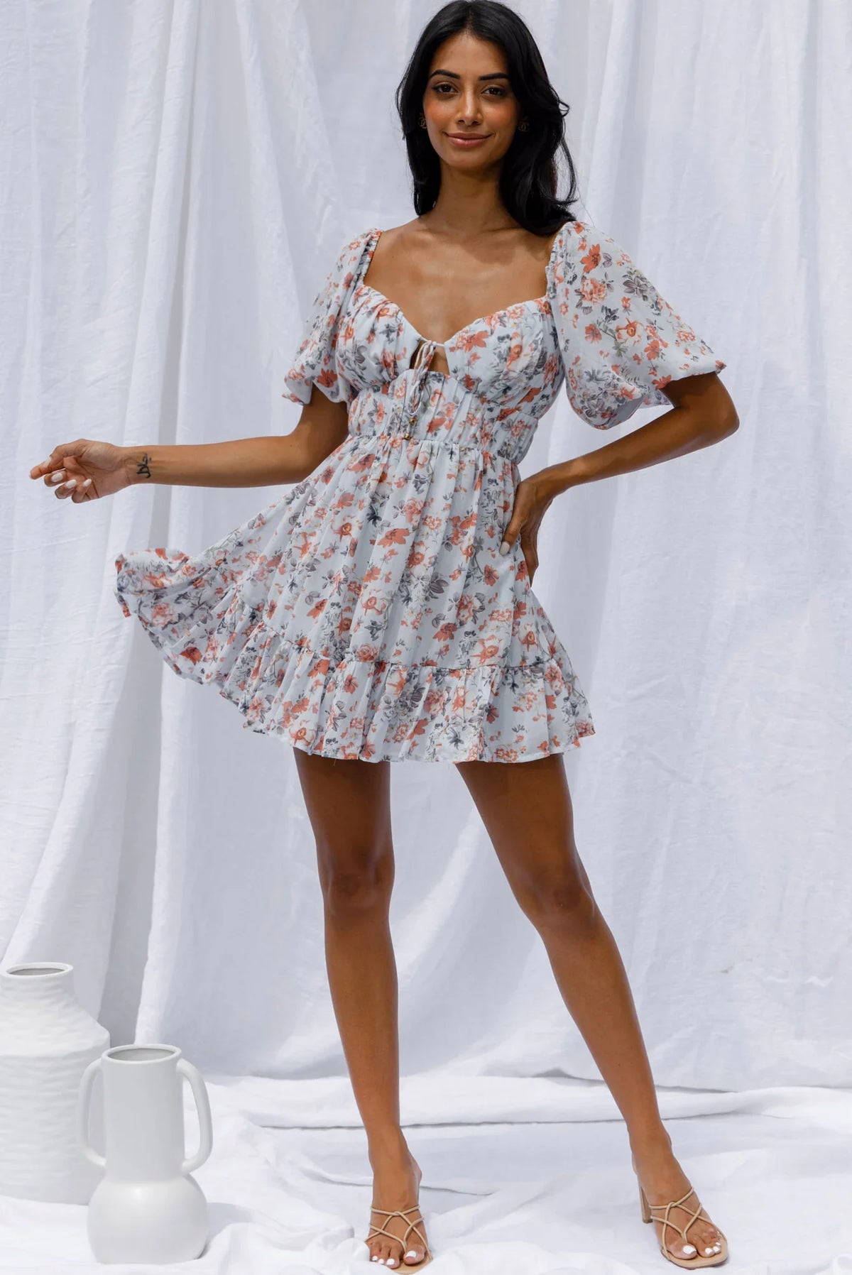 Vista Del Mar Tied Bust Mini Dress Floral Steel Blue