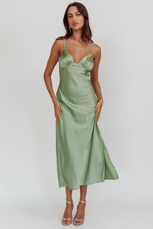 Felicity Pleat Bust Split Midi Dress Sage