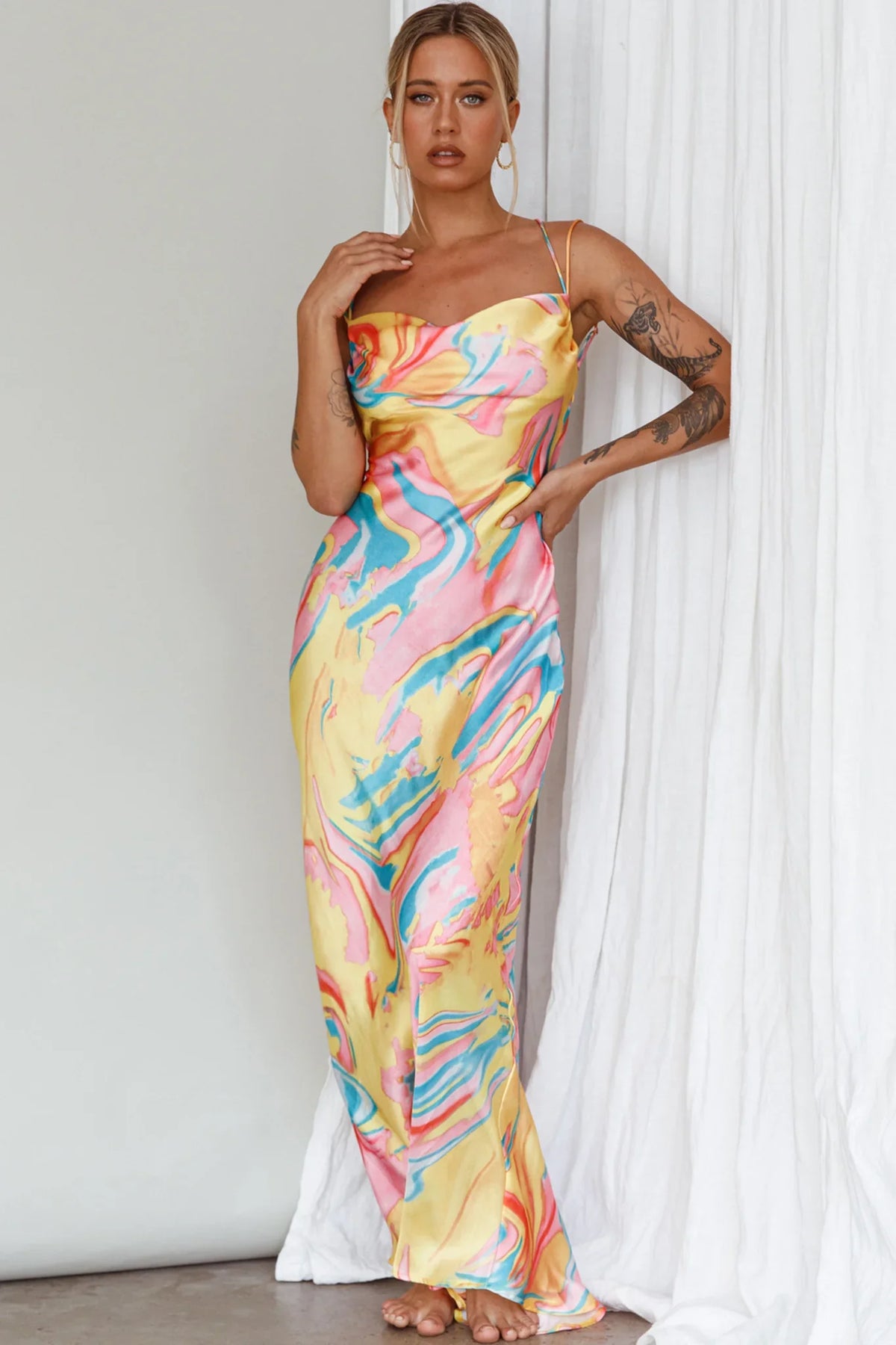 Moment With You Ruched Bust Midi Dress Swirl Yellow/Green