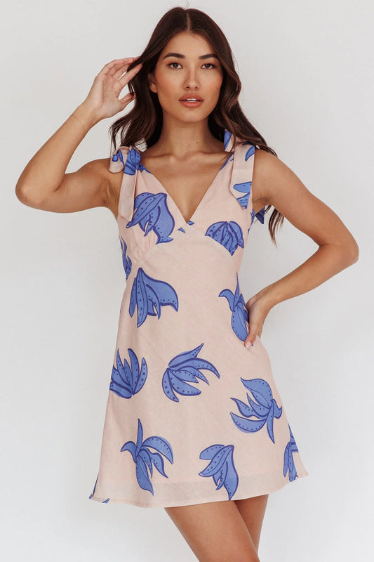 Mykonos Morning Tied Shoulder Mini Dress Plant Print Beige