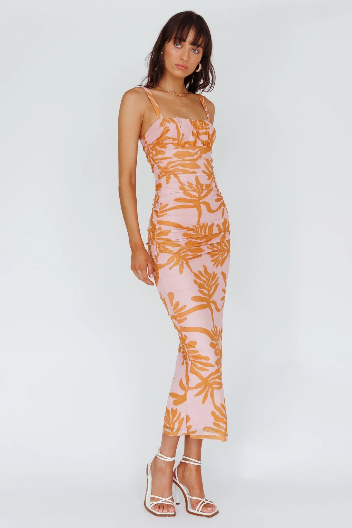 Hawaiian Sun Ruched Bust Midi Dress Print Pink