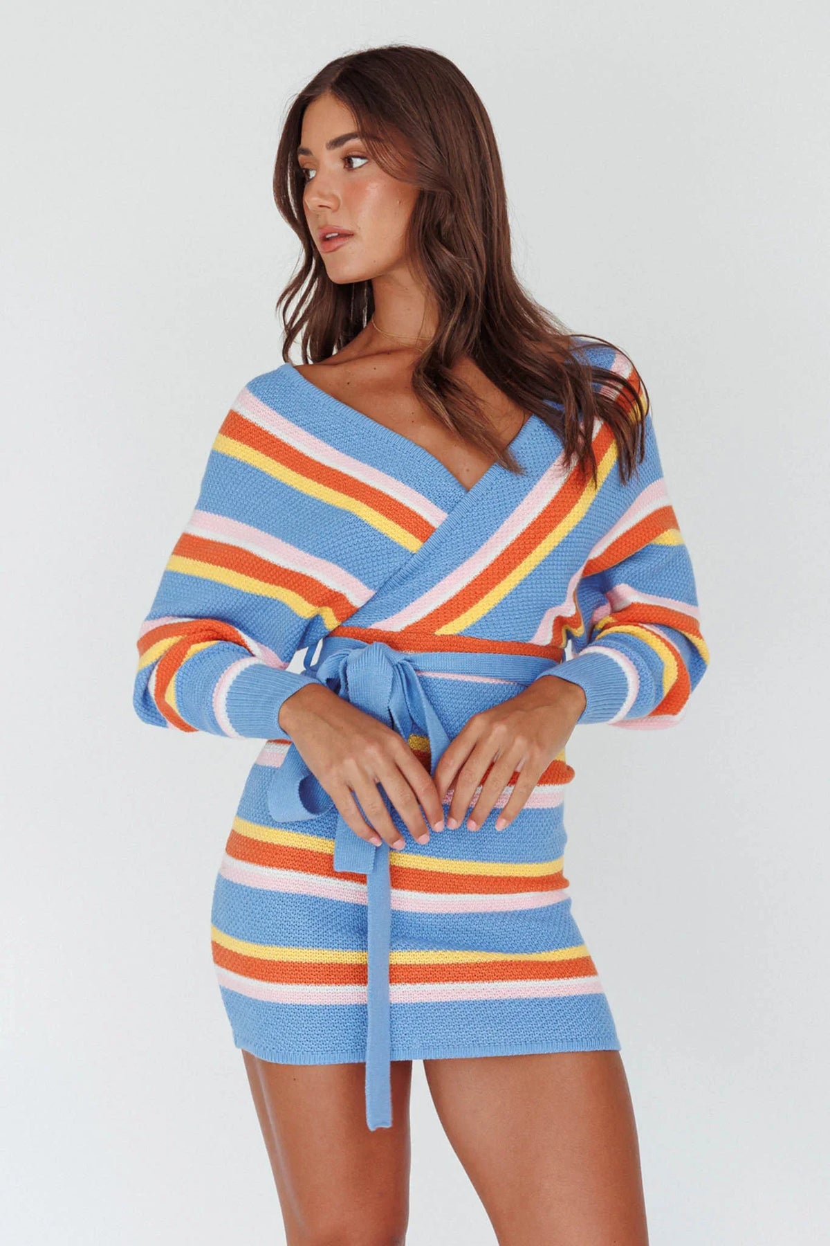 Cameo Batwing Knit Dress Striped Blue