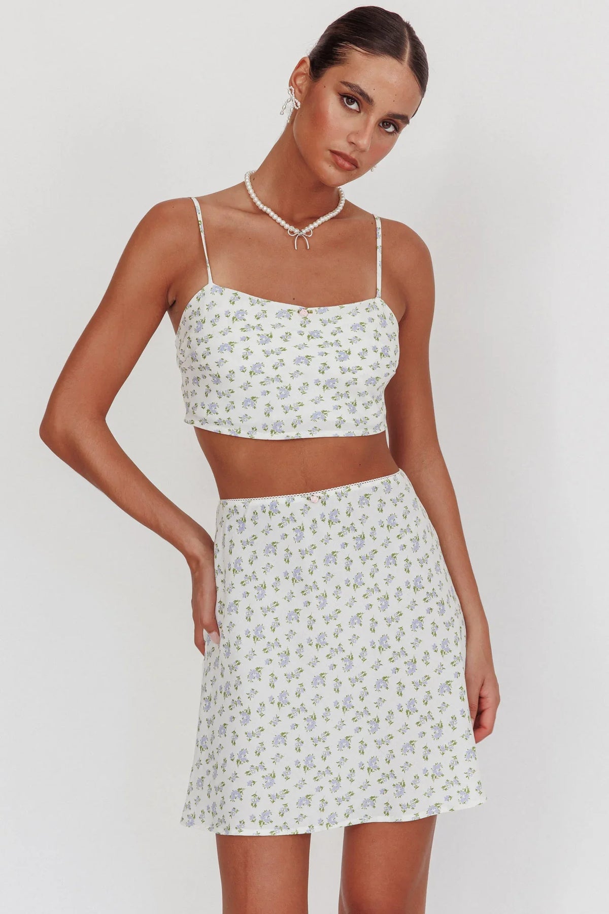 Miss Cupid Floral Mini Skirt Ivory/Blue
