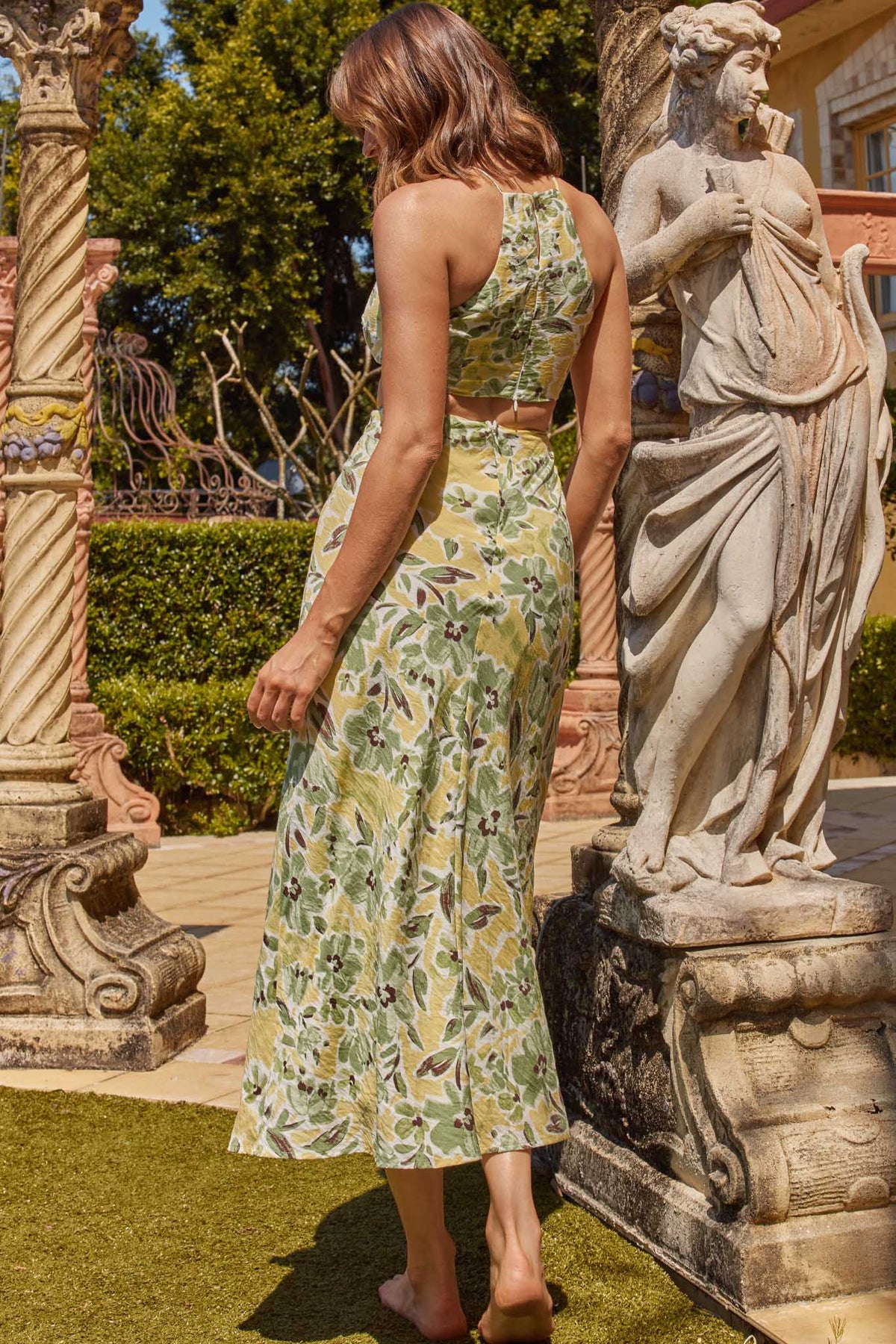 Utopia Cut-Out Waist Midi Dress Green/Yellow