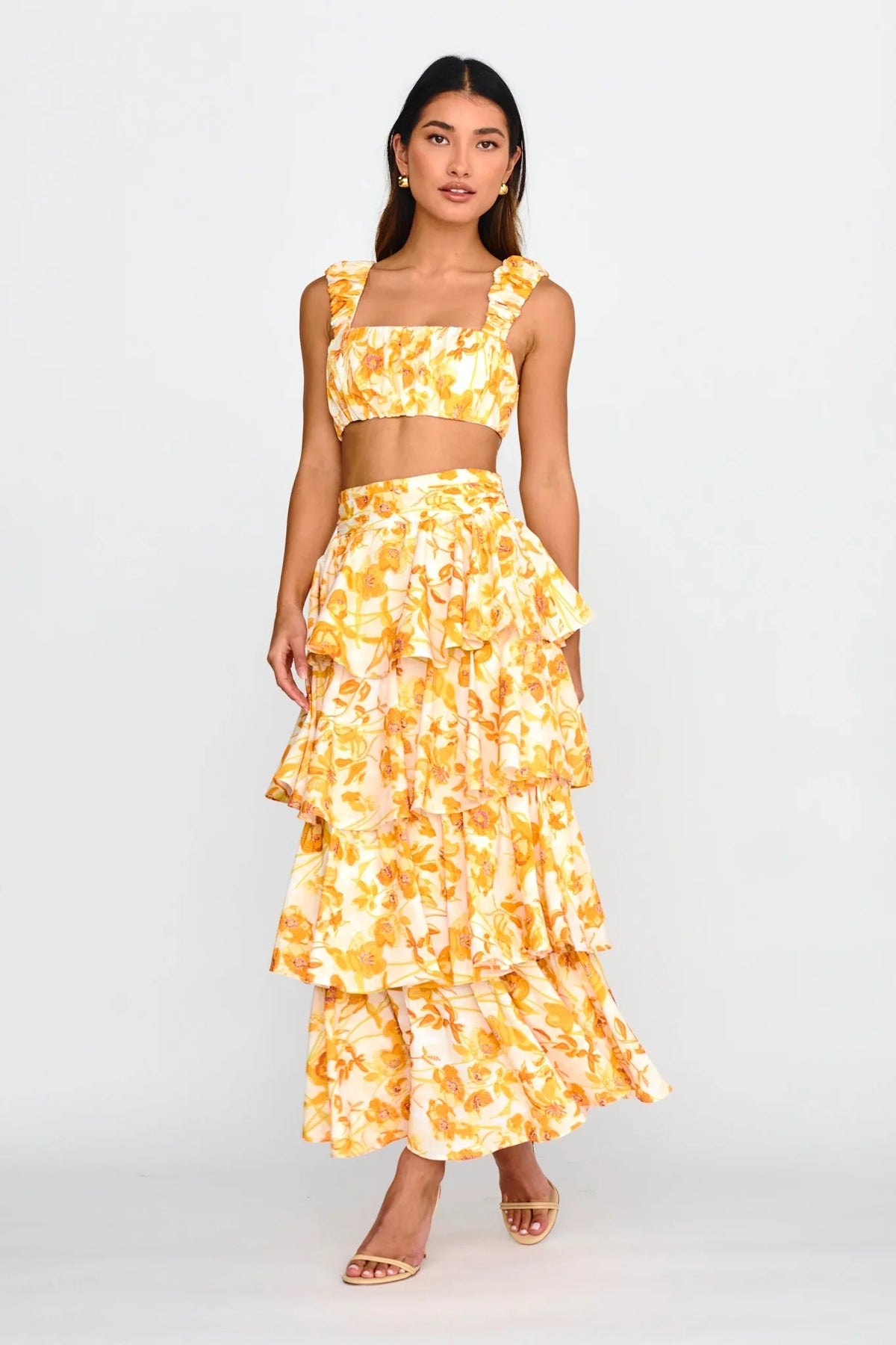 Suenito Tiered Frill Maxi Skirt Floral Orange