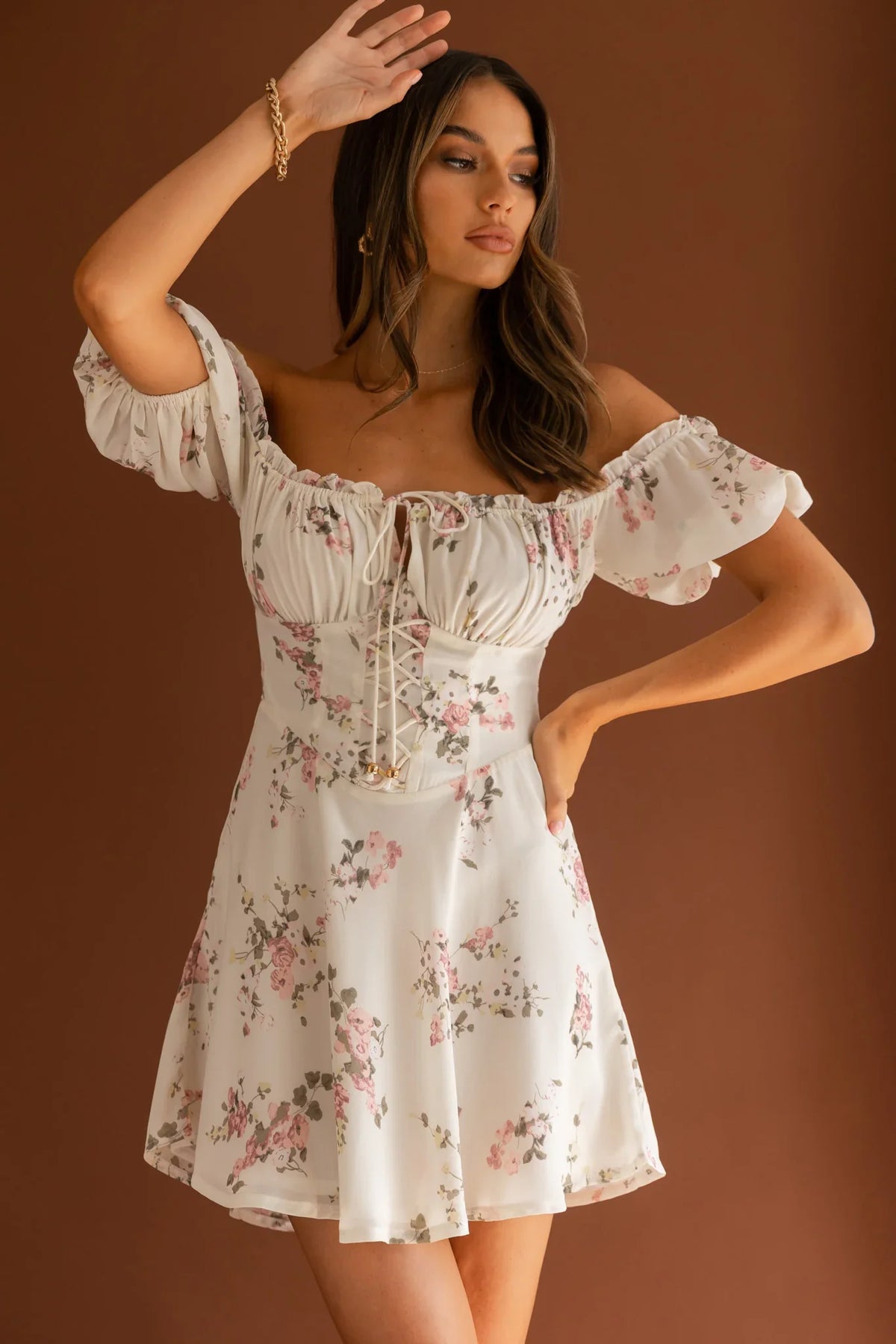 Belle Fleur Tied Bust Mini Dress Floral White